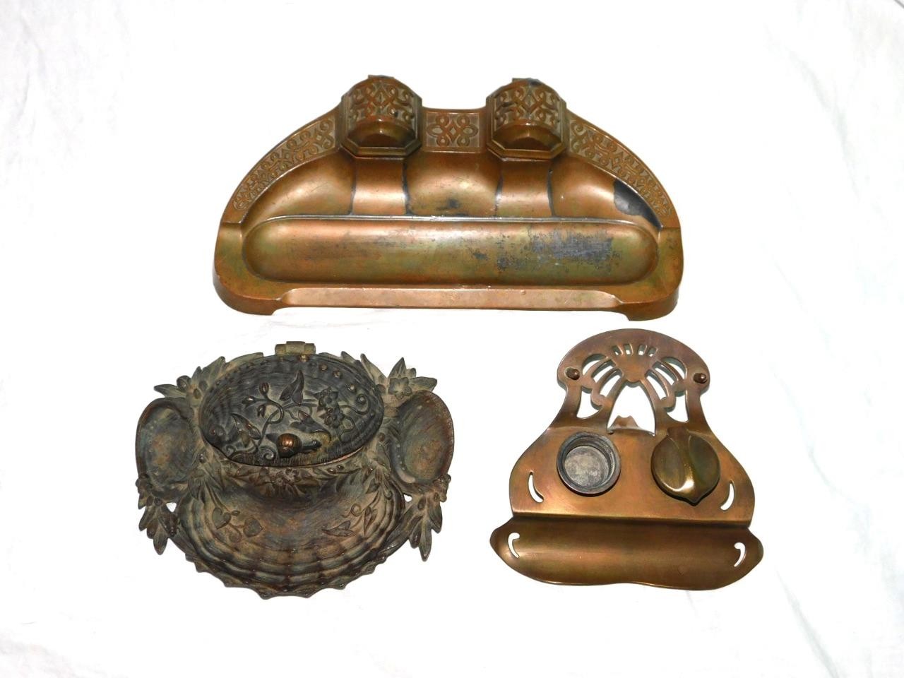 Lot 3 Antique Metal Inkwell Pen Holder Trays Art Deco Nouveau Need TLC Lot 3 Antique Metal Inkwell Pen Holder Trays Art Deco Nouveau Need TLC