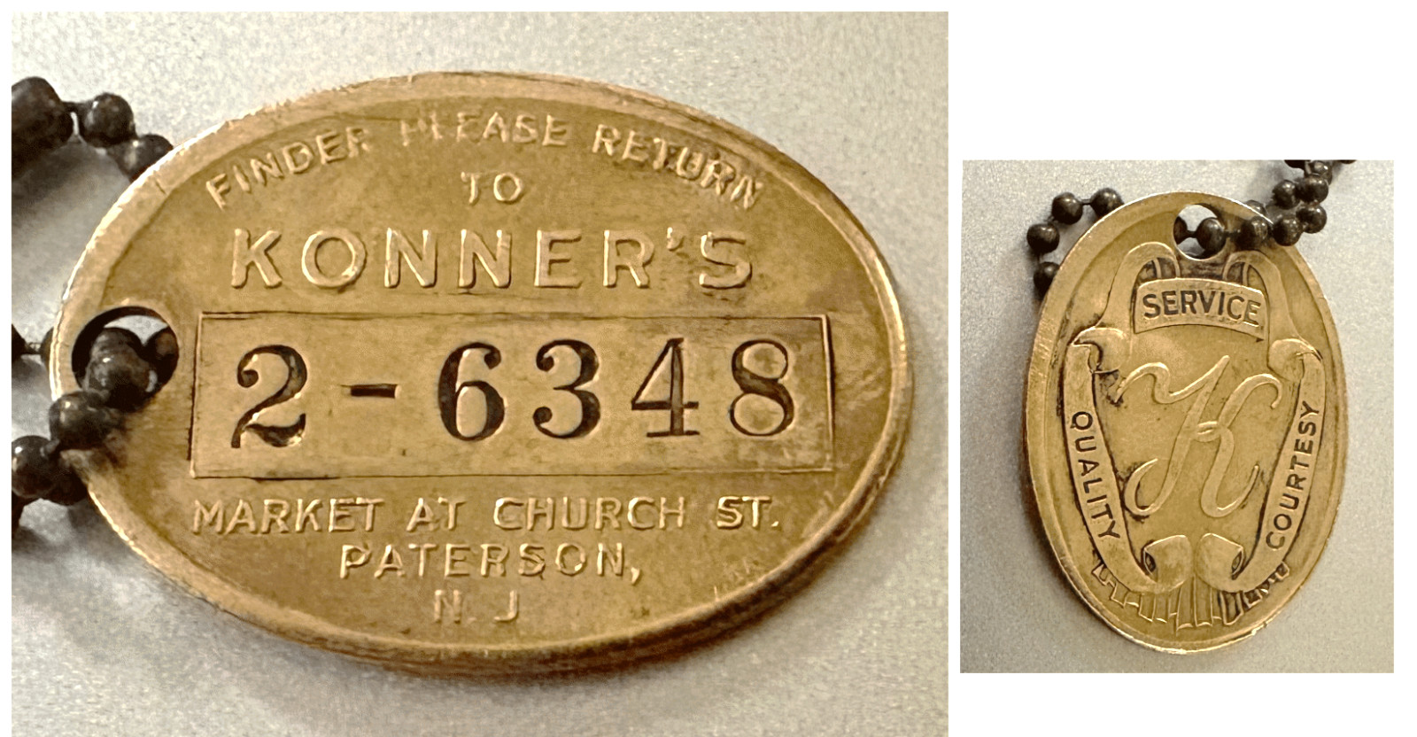 Vintage Brass Charge Coin Tag: KONNER'S MEN'S SHOP; Paterson, New Jersey