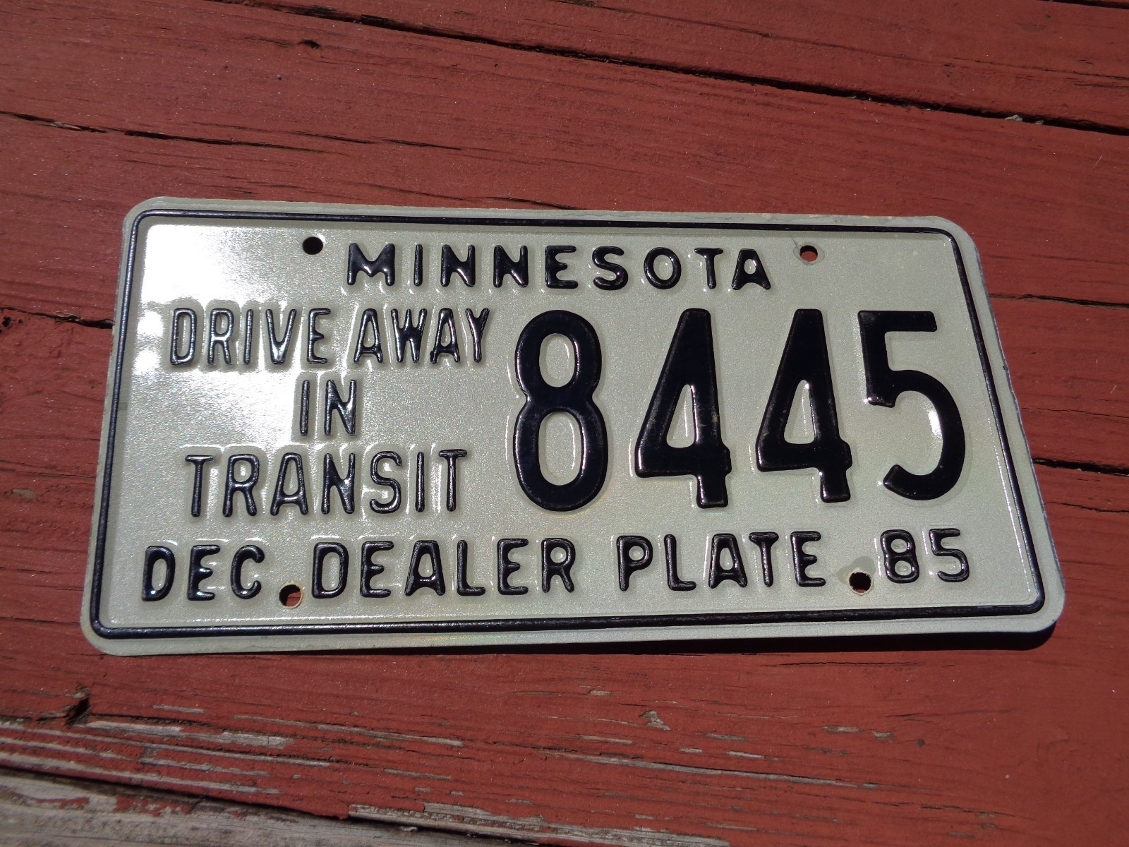 Vintage 1985 Minnesota Drive Away In Transit Dealer License Plate 8445 MN Tag Vintage 1985 Minnesota Drive Away In Transit Dealer License Plate 8445 MN Tag