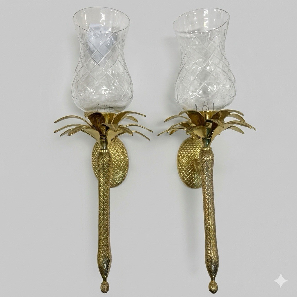 Vintage Pair Solid Brass Pineapple Candle Wall Sconces 24" with Original Globes Vintage Pair Solid Brass Pineapple Candle Wall Sconces 24" with Original Globes