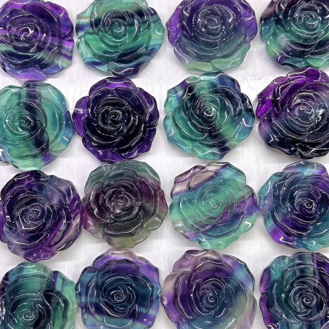 10PC Natural Carved Rainbow Fluorite flower Quartz Crystal Reiki Healing decor