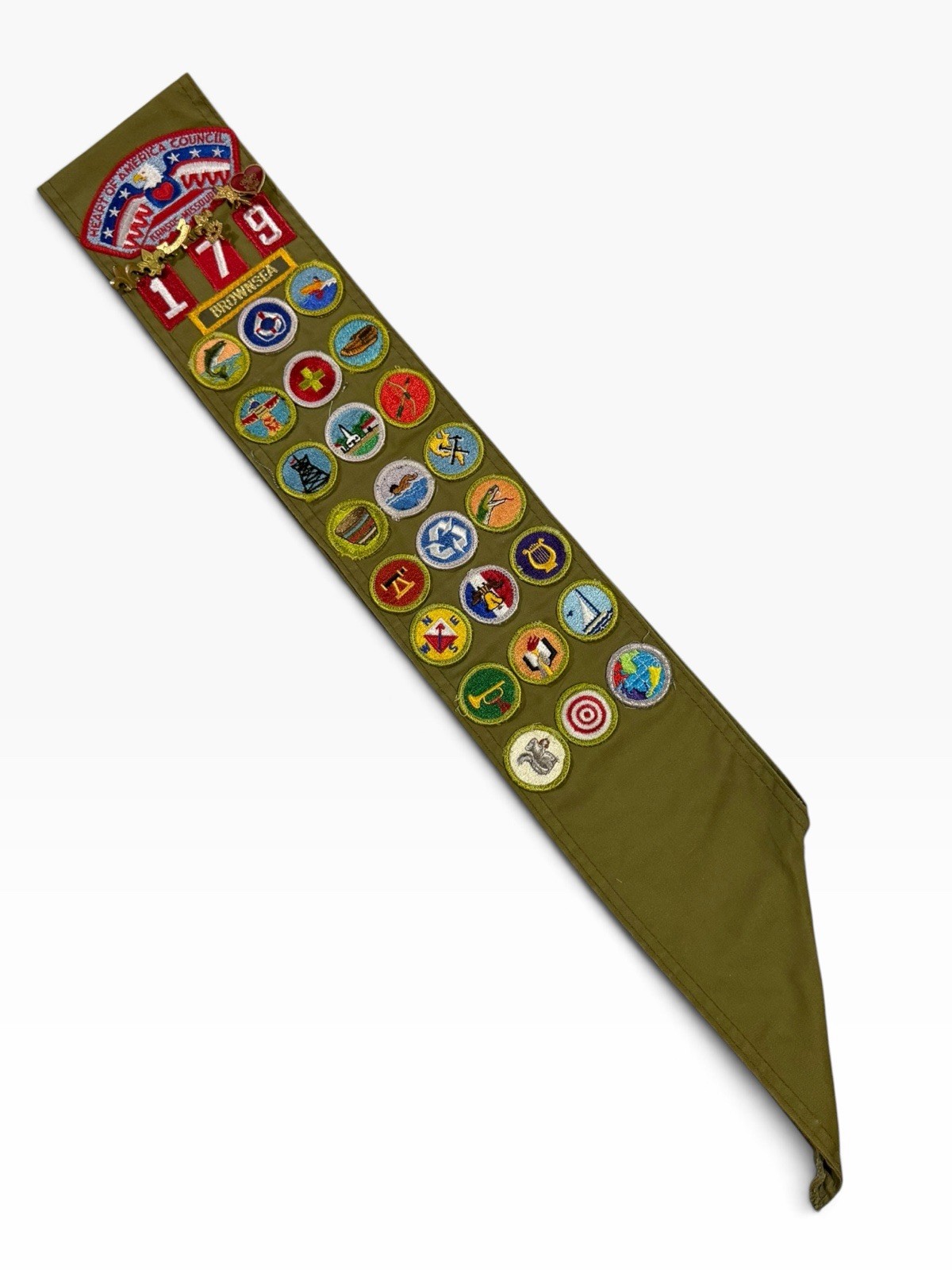 Vintage BSA Boy Scout Merit Badge Sash Heart of America Council Troop 179 Pins Vintage BSA Boy Scout Merit Badge Sash Heart of America Council Troop 179 Pins
