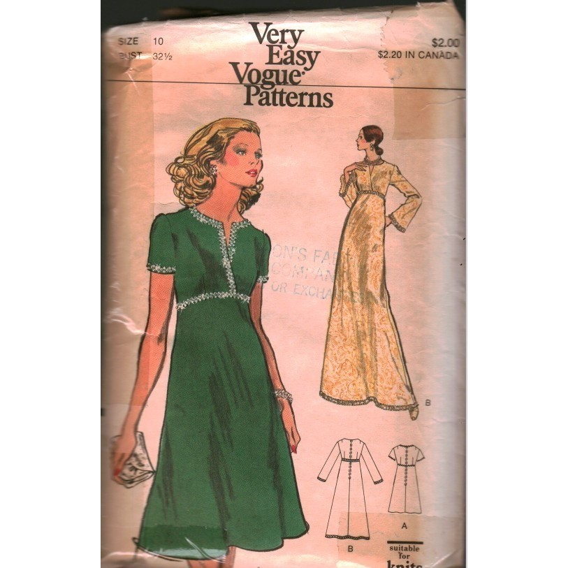 Vintage Vogue 8679 Sewing Pattern Misses A-Line Dress Bell Sleeve Size 10 1970s
