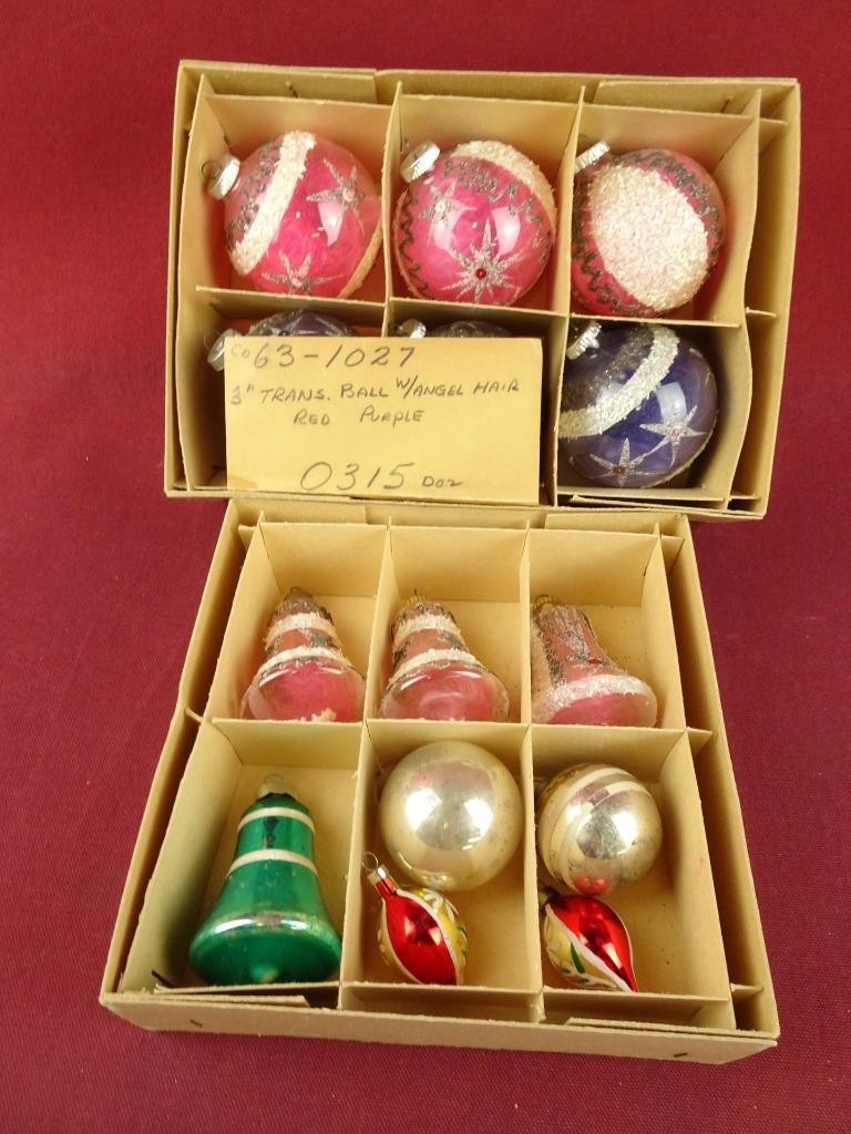 Vintage West Germany Glass Ornaments Set Of 9 Angel Hair Mica PINK and PURPLE Vintage West Germany Glass Ornaments Set Of 9 Angel Hair Mica PINK and PURPLE