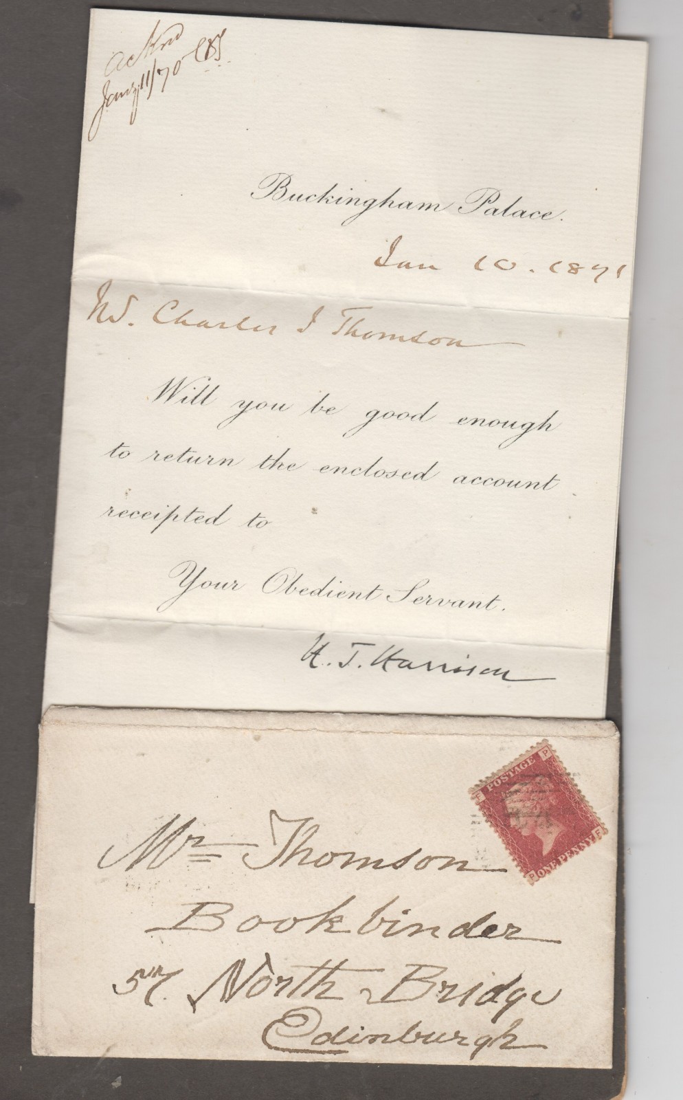 1875 BUCKINGHAM PALACE LETTER-FROM H.T.HARRISON (PALACE CORRESPONDENT) 1875 BUCKINGHAM PALACE LETTER-FROM H.T.HARRISON (PALACE CORRESPONDENT)