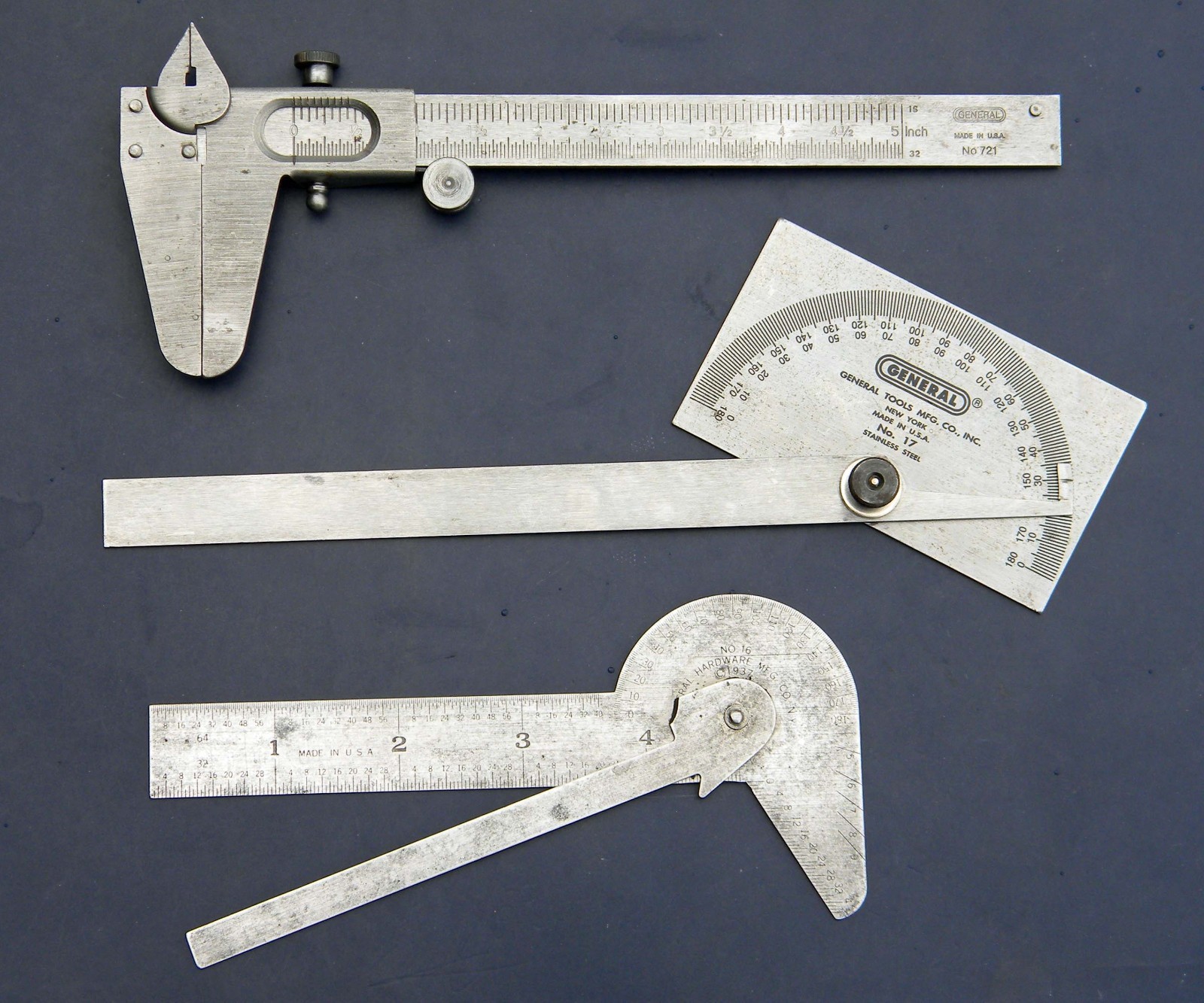 Vtg General Hardware #16, #17 Protractors, Vernier Caliper Tool #721 3PC Lot Vtg General Hardware #16, #17 Protractors, Vernier Caliper Tool #721 3PC Lot