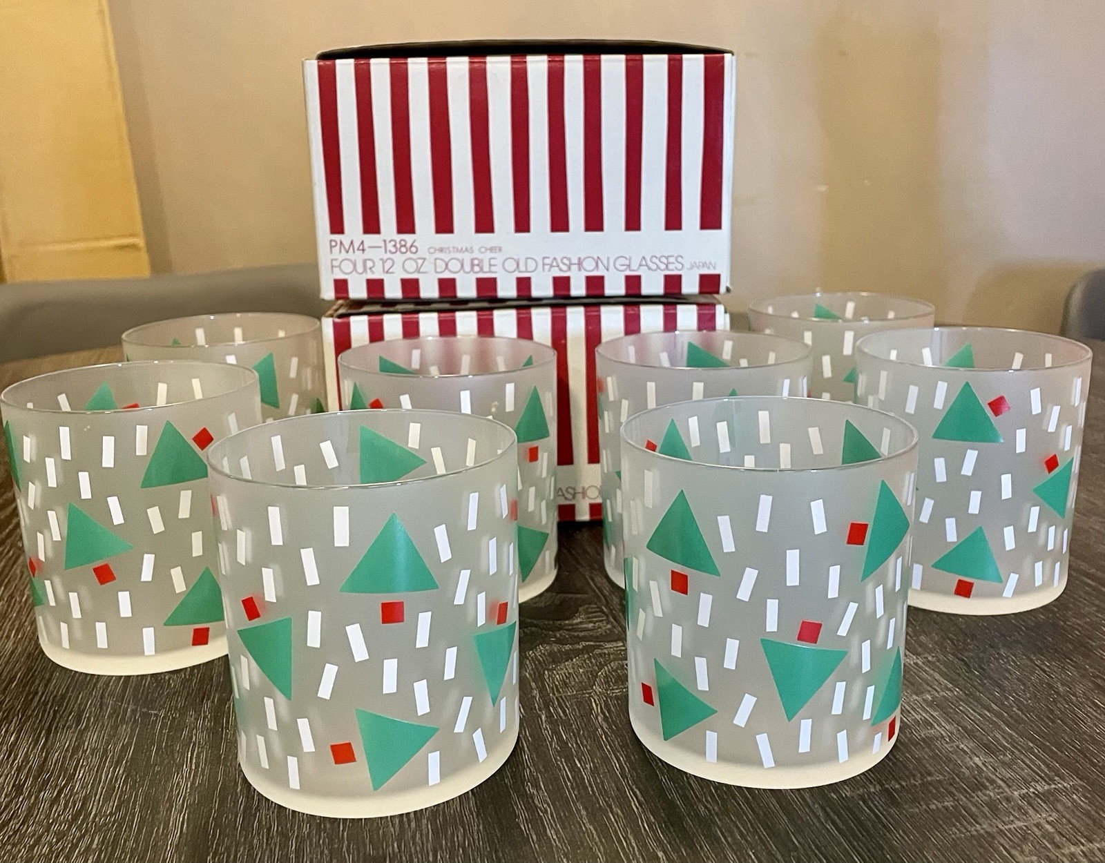 Set Of 8 Vtg Prisma FROSTED Double Old Fashion Glasses Christmas Cheer Trees New Set Of 8 Vtg Prisma FROSTED Double Old Fashion Glasses Christmas Cheer Trees New