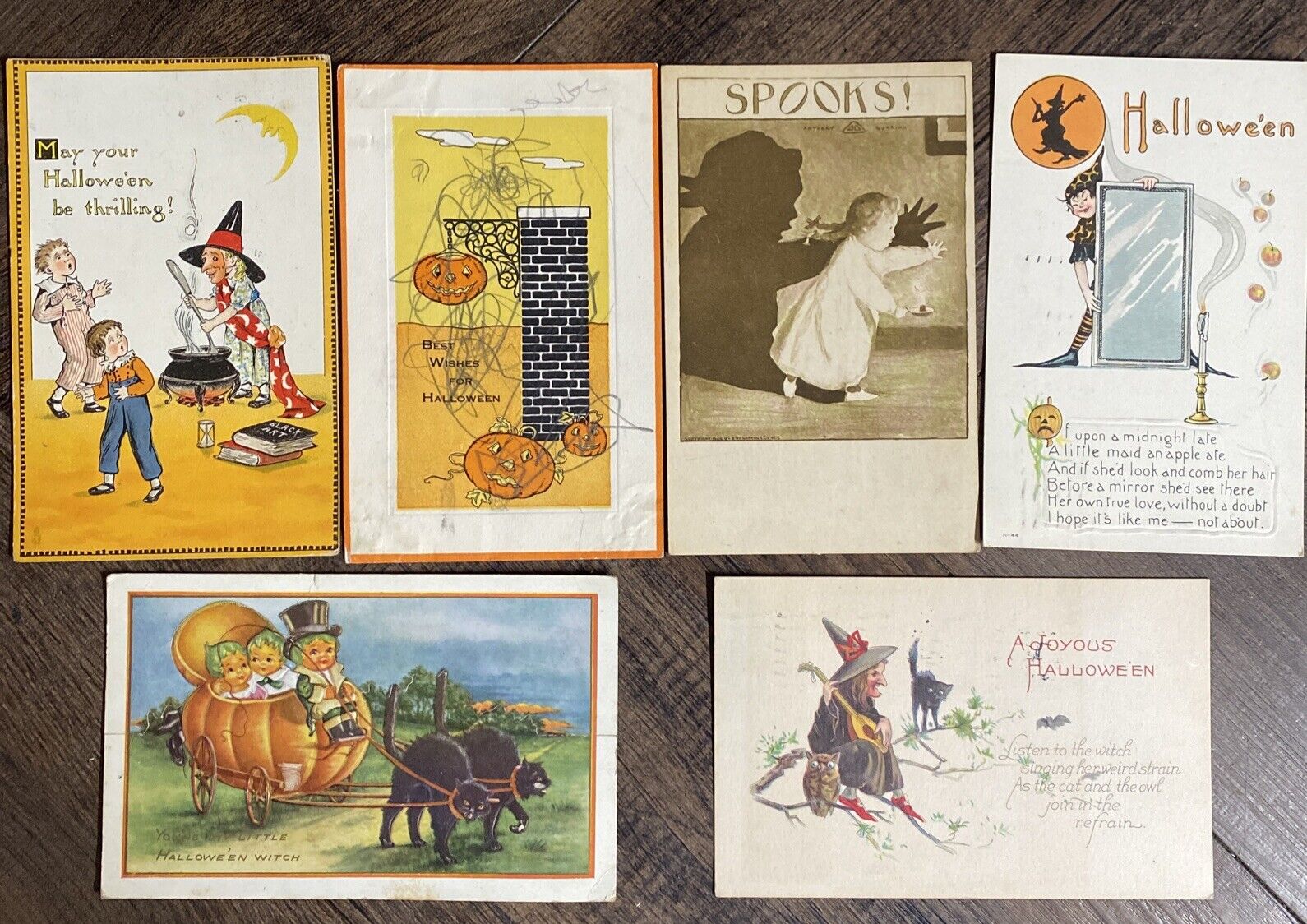 Lot of 6 Vtg Antique 1900s Halloween Black Cat, Witches, Pumpkin & Kid Postcards