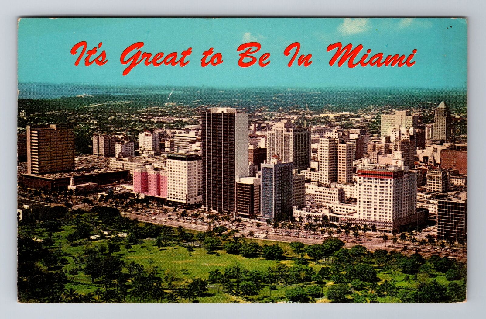 Miami FL-Florida, Miami Skyline, Bayfront Park, Antique Vintage Postcard