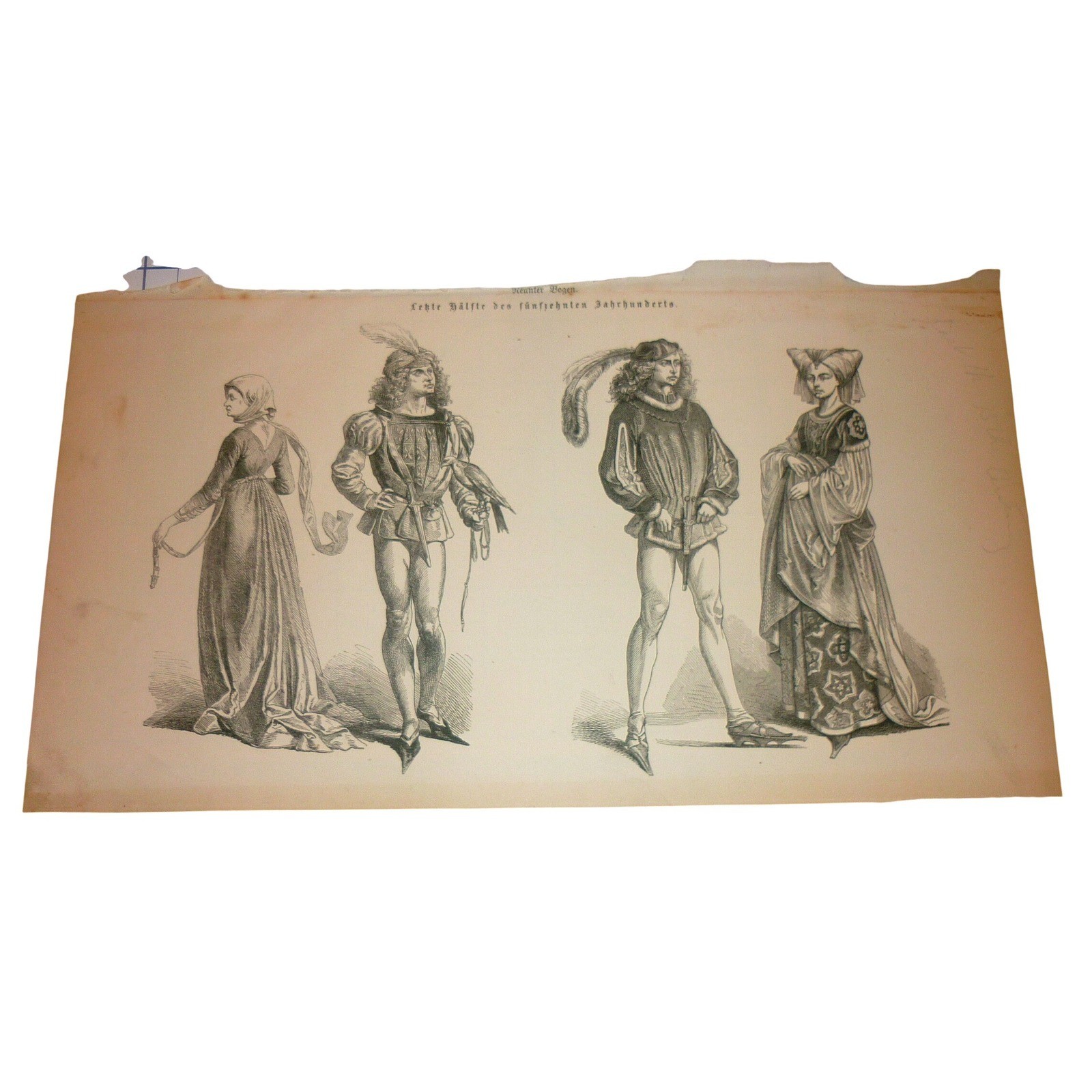 Antique German 15th Century Costume Plate Engraving Renaissance Fashion Art