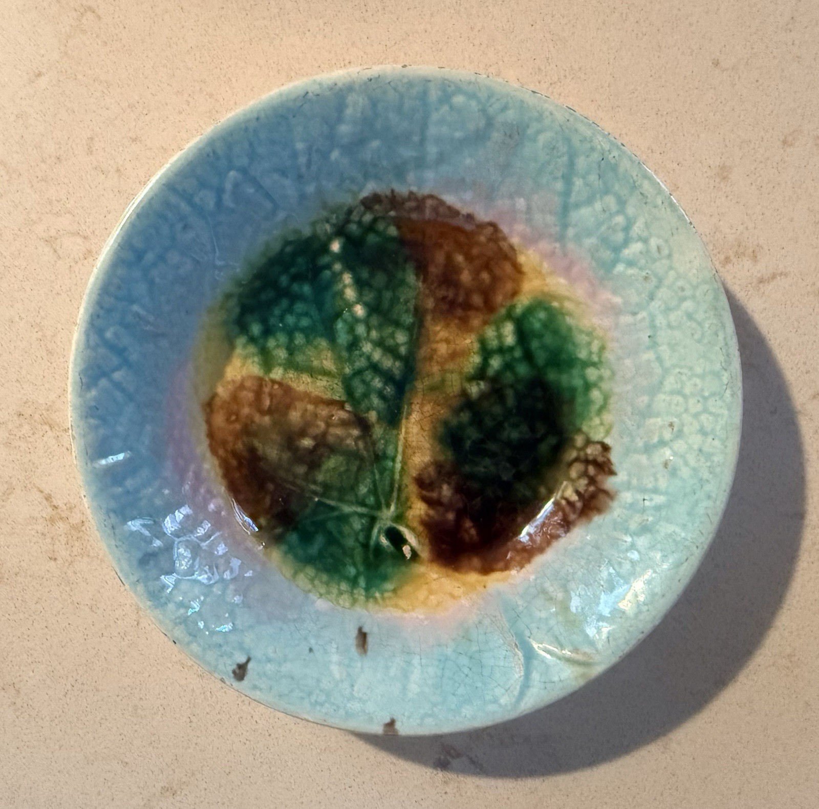 Antique Majolica Small Bowl 5.75” Begonia Leaf in Center Pale Blue Background Antique Majolica Small Bowl 5.75” Begonia Leaf in Center Pale Blue Background