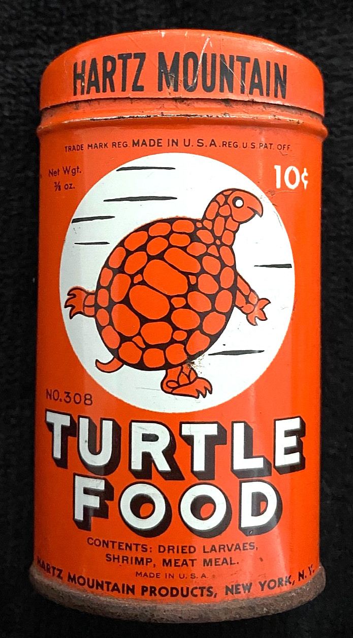 1950's TURTLE FOOD Vintage ORANGE oval TIN 10 cent, w/ Turtle PICTURE Hartz NY