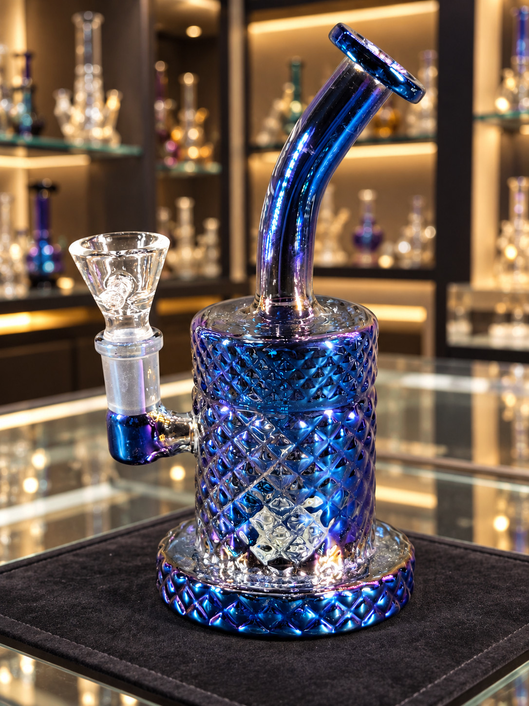 8" Glass Water Pipe Bong 14mm Bowl Metallic Blue Bent Neck Diamond Texture Rig