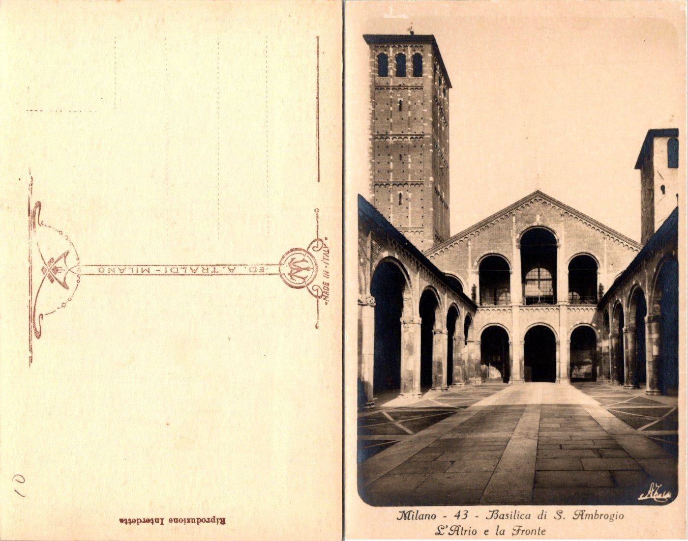Milano Basilica di S Ambrogio Postcard Italy Vintage Unused L'Atrio e la Fronte