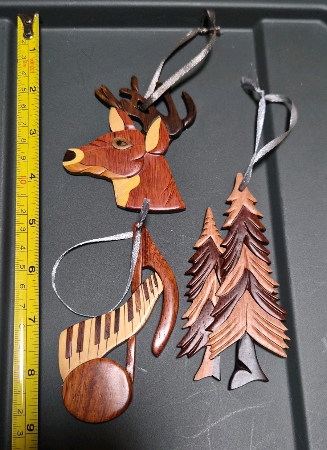 Lot of 3 VTG Wood Intarsia Christmas Ornaments -Deer Buck,Music Note, Pine Trees
