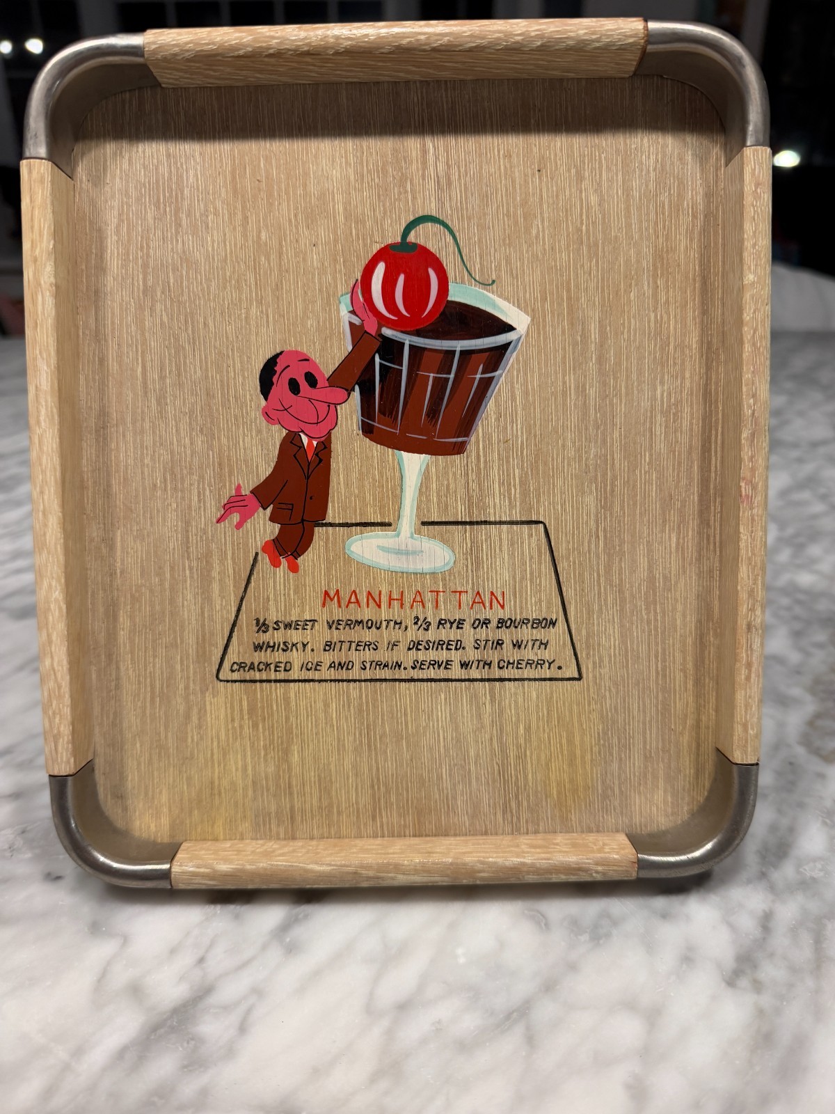 Vintage Mid-Century Manhattan Cocktail Recipe Wooden Serving Tray Vintage Mid-Century Manhattan Cocktail Recipe Wooden Serving Tray