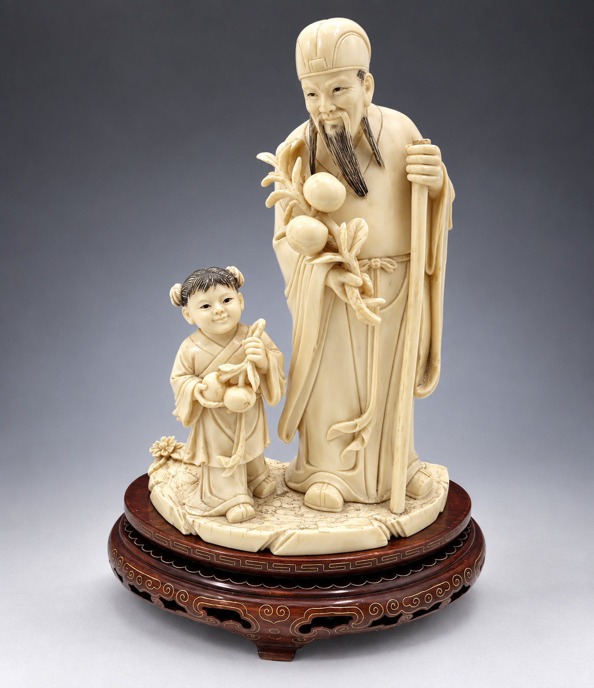 Antique Hand Carved Chinese Sculpture 7.5" x 5" w/ Base H: 9" Antique Hand Carved Chinese Sculpture 7.5" x 5" w/ Base H: 9"