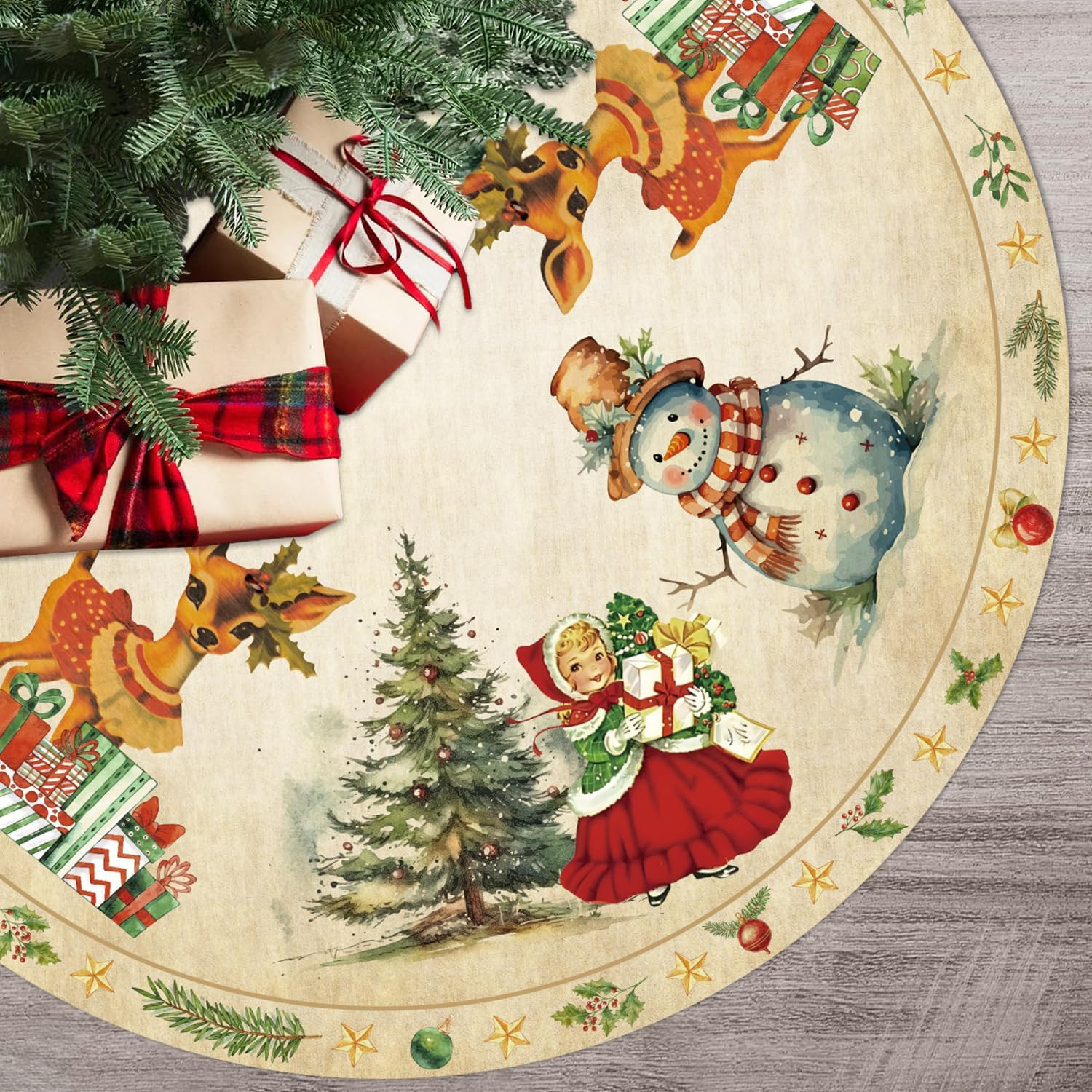 Vintage 48" Christmas Tree Skirt Retro Deer Snowman Xmas Mat for Holiday Decor Vintage 48" Christmas Tree Skirt Retro Deer Snowman Xmas Mat for Holiday Decor
