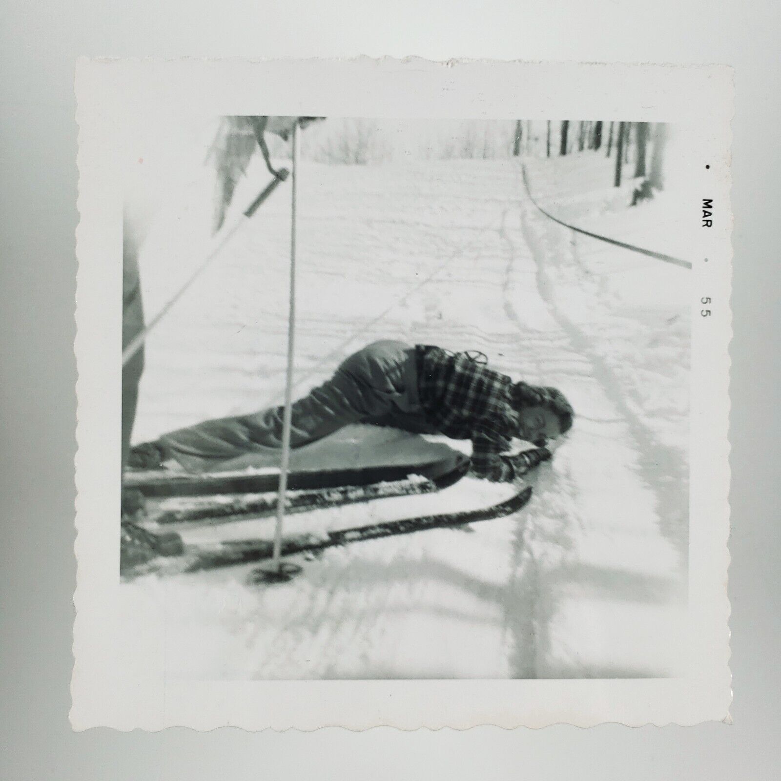 Laughing Woman Ski Accident Photo 1950s Cross Country Disaster Snapshot A4217