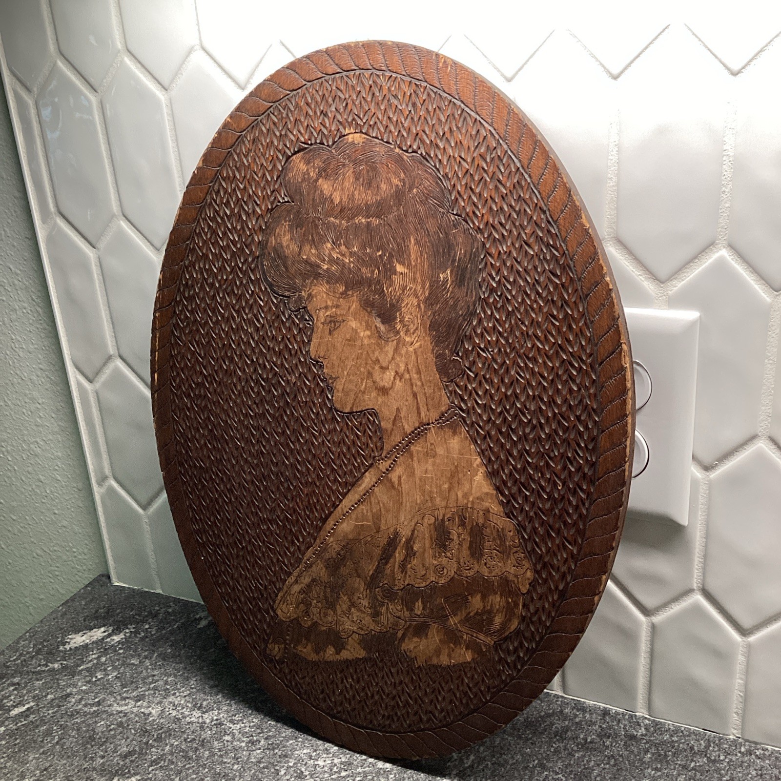 Vintage Art Nouveau Oval Wood Carved Pyrography Victorian Lady F. Werner & Sons
