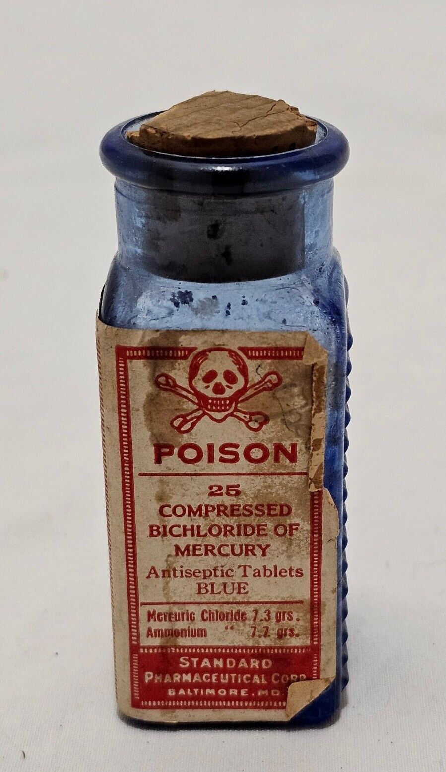 Antique Cobalt Blue Bichloride Mercury Tablet Poison Bottle W/Orig.Paper Label