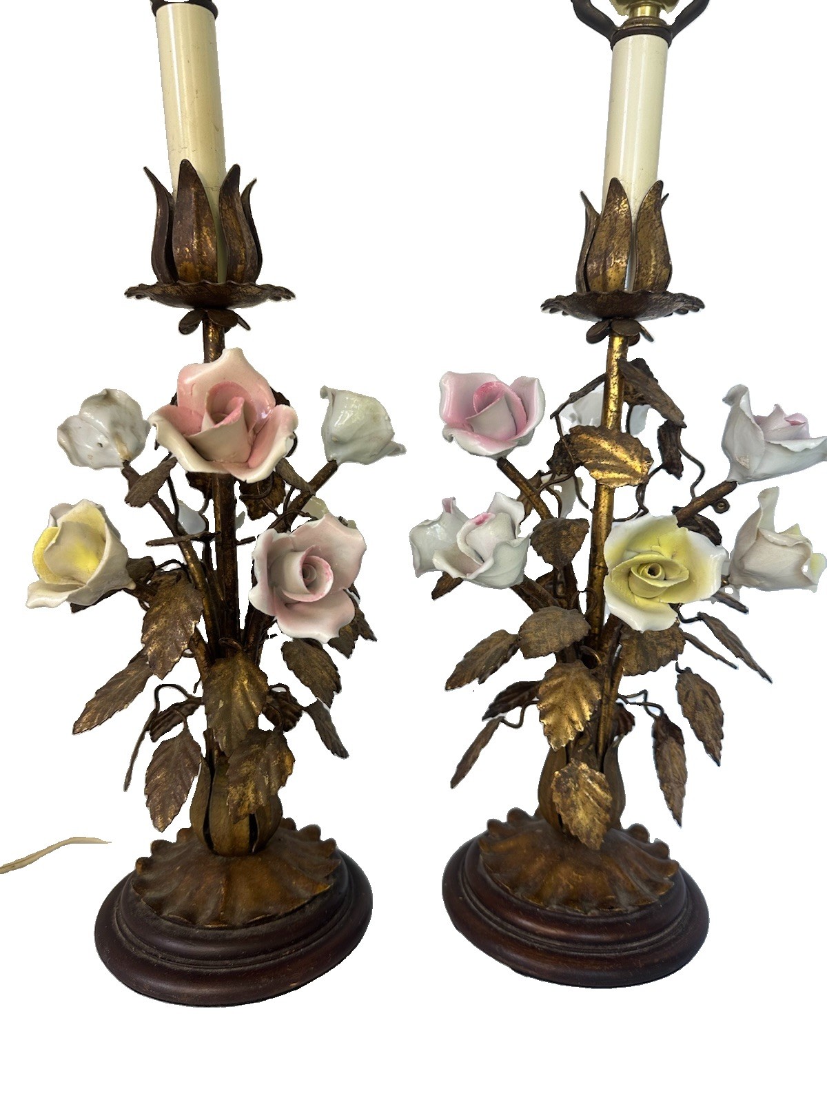 Vintage Italian Gilt Tole Floral Table Lamps Pair Hollywood Regency Porcelain Vintage Italian Gilt Tole Floral Table Lamps Pair Hollywood Regency Porcelain