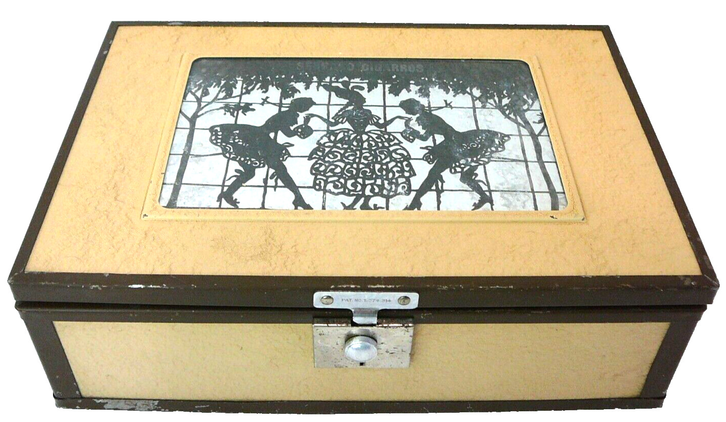 VTG 1920s Wood Cigar Box Mirror Serrao Tax Stamp Reverse Silhouette Tobacciana VTG 1920s Wood Cigar Box Mirror Serrao Tax Stamp Reverse Silhouette Tobacciana