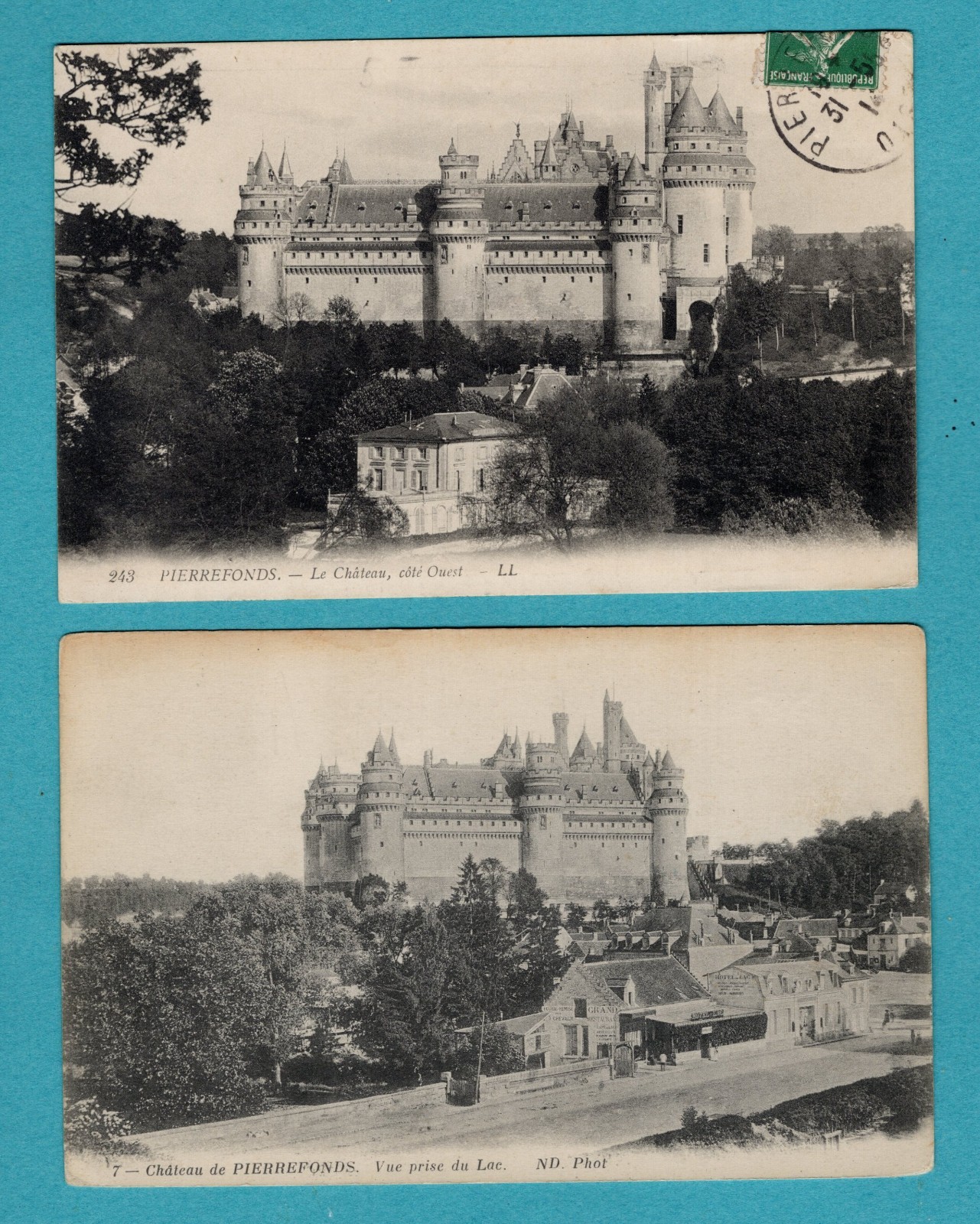 Lot x2, Pierrefonds: Le Château ... + View taken from the lake / postcard postcard / Lot x2, Pierrefonds: Le Château ... + View taken from the lake / postcard postcard /