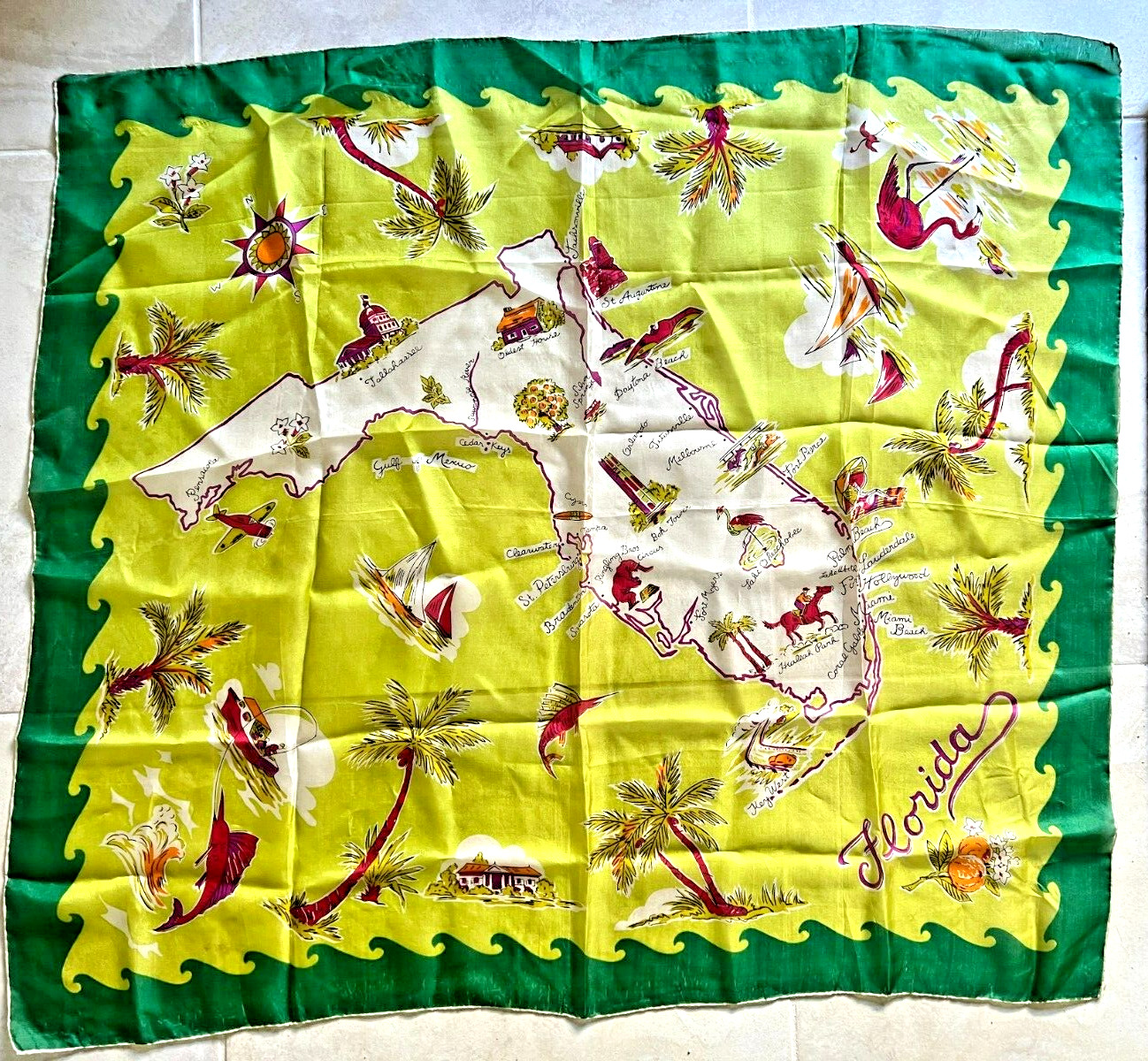 Vintage 1950s FLORIDA Souvenir State Map  Green & Chartreuse Rayon Square Scarf