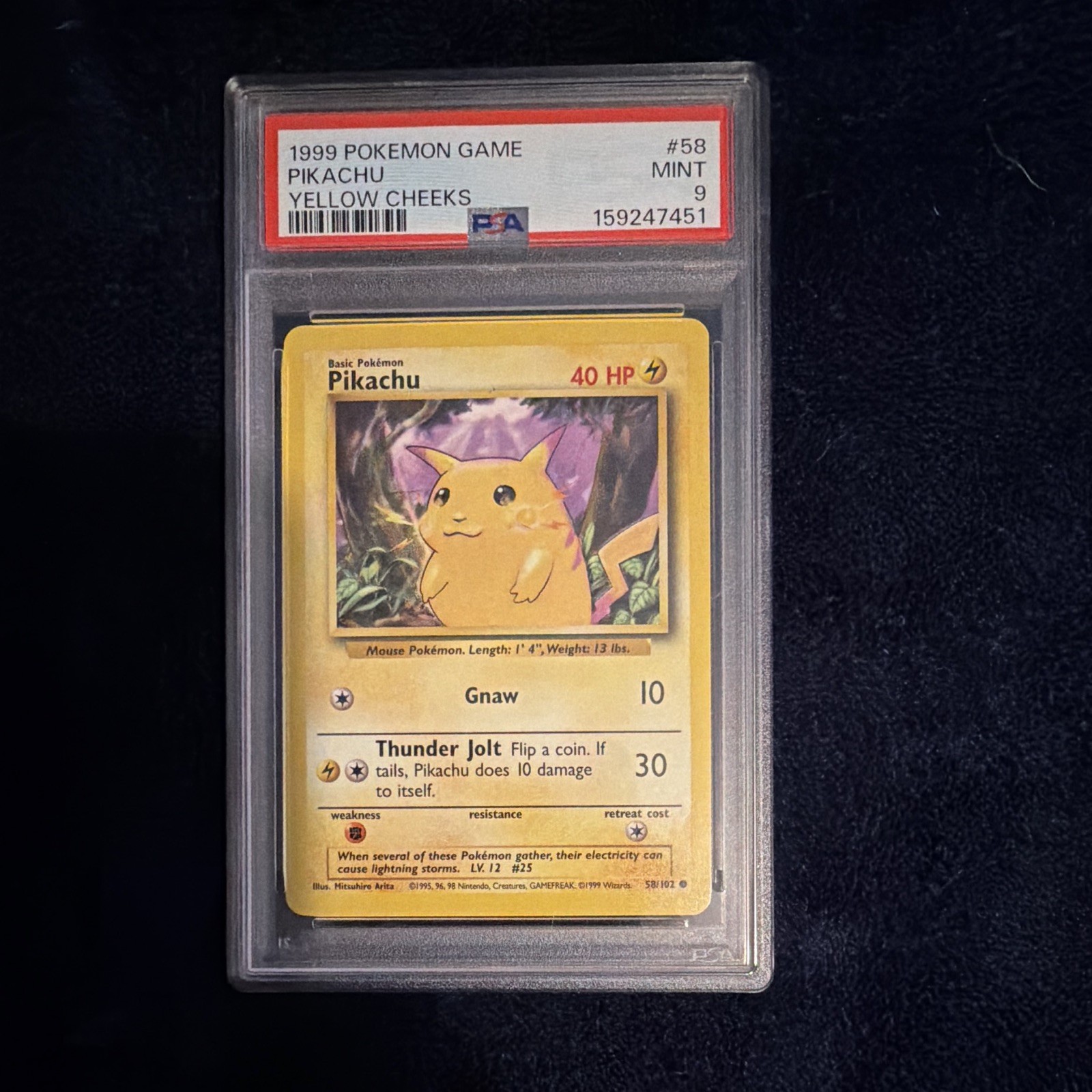 Pokémon 1999 Game Pikachu #58 Yellow Cheeks PSA 9 Cert 159247451 Pokémon 1999 Game Pikachu #58 Yellow Cheeks PSA 9 Cert 159247451