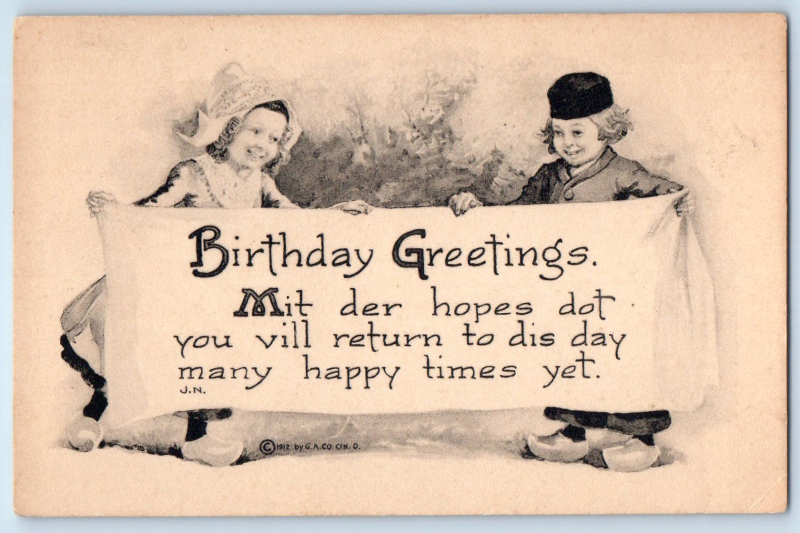 c1910's Birthday Greetings Dutch Children Holding Banner Gibson Antique Postcard c1910's Birthday Greetings Dutch Children Holding Banner Gibson Antique Postcard