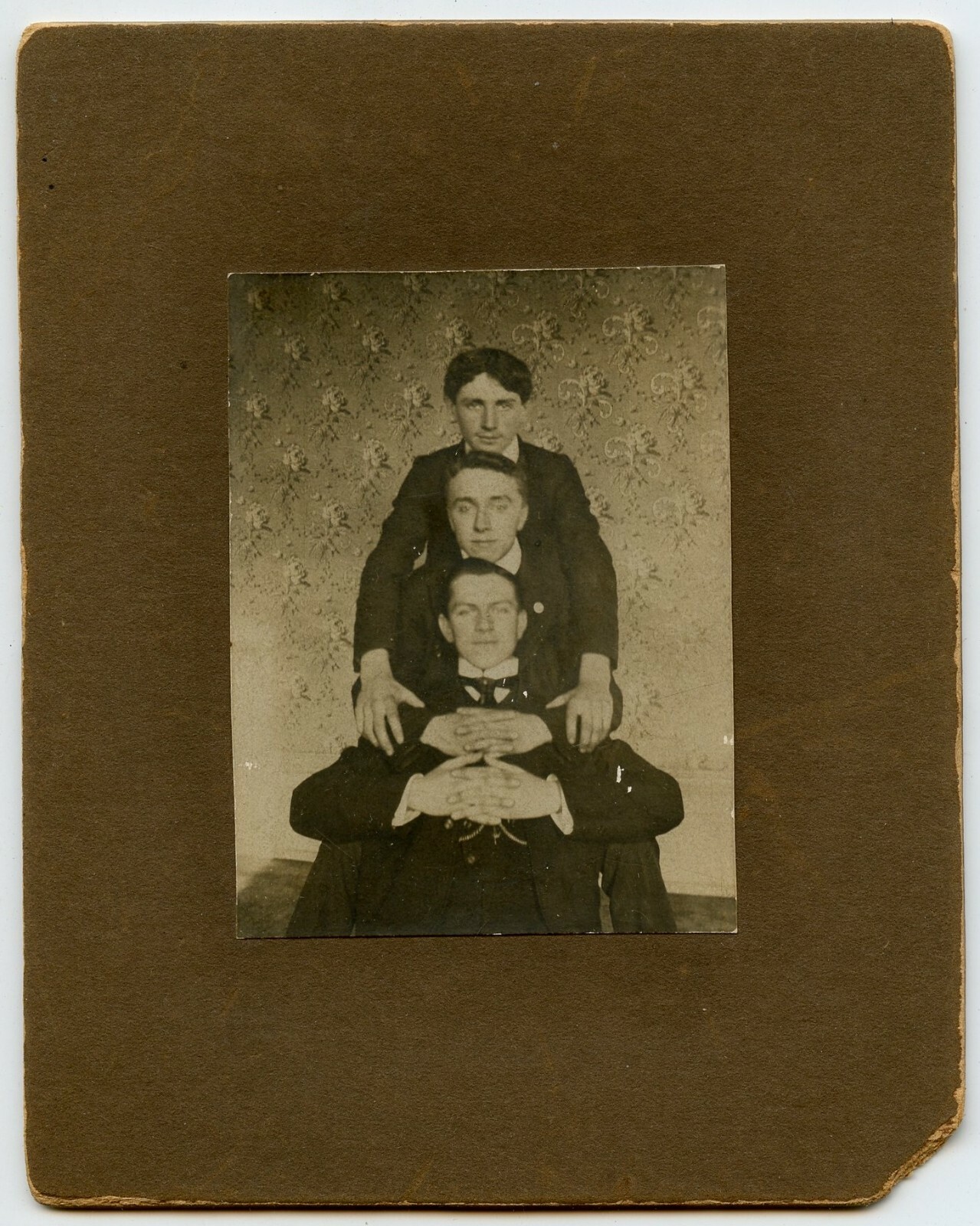 Three Young Men Pyramid, Friends or Family Vintage Mounted Photo Three Young Men Pyramid, Friends or Family Vintage Mounted Photo