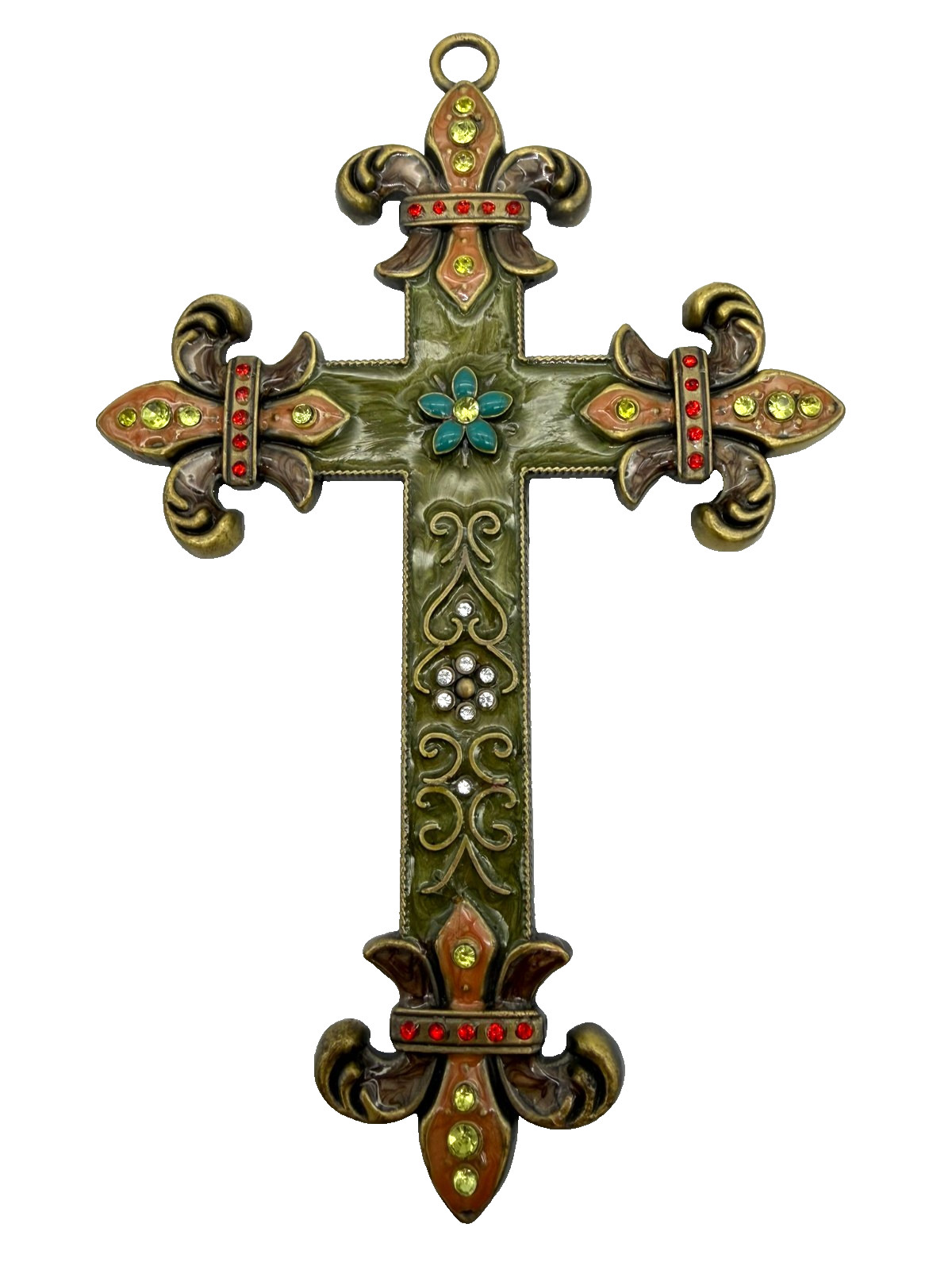 Green Enamel Metal Fleur-De-Li Floral Jeweled Wall Cross 7" x 4.5" Litton Lane Green Enamel Metal Fleur-De-Li Floral Jeweled Wall Cross 7" x 4.5" Litton Lane