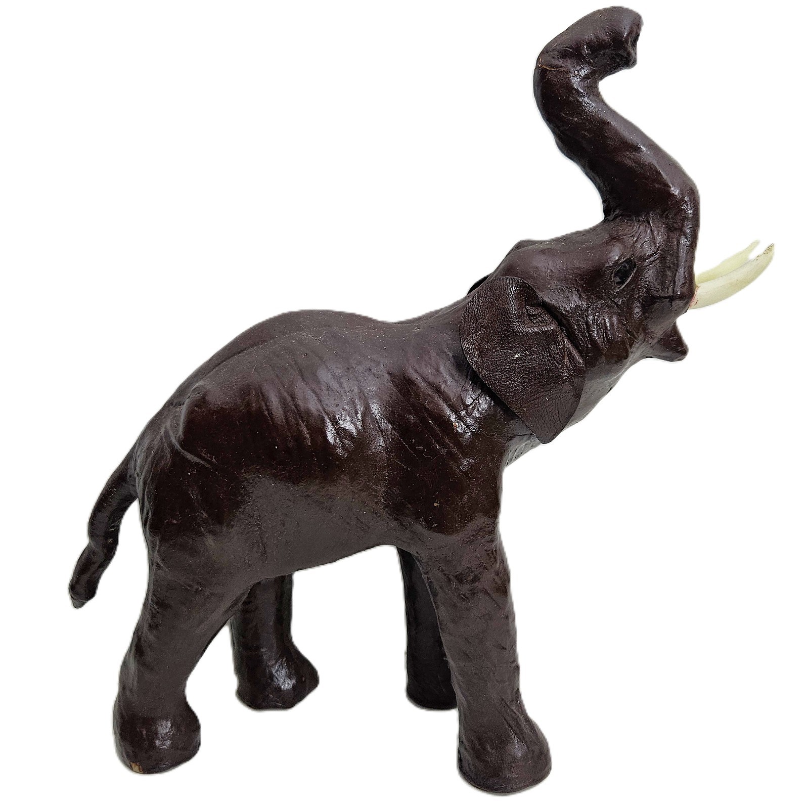 Vintage Leather Wrapped Elephant Sculpture 13" Dark Brown Raised Trunk