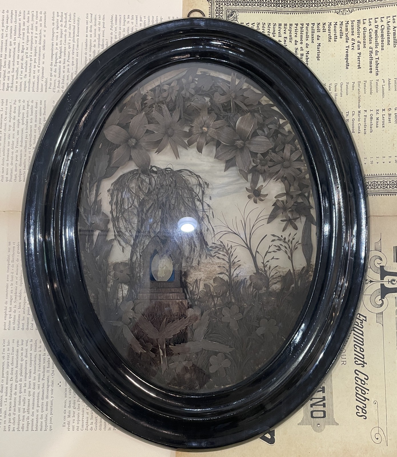 RARE Large Antique French Mourning Hair Art Glass Wooden Frame c1880 18 inches RARE Large Antique French Mourning Hair Art Glass Wooden Frame c1880 18 inches