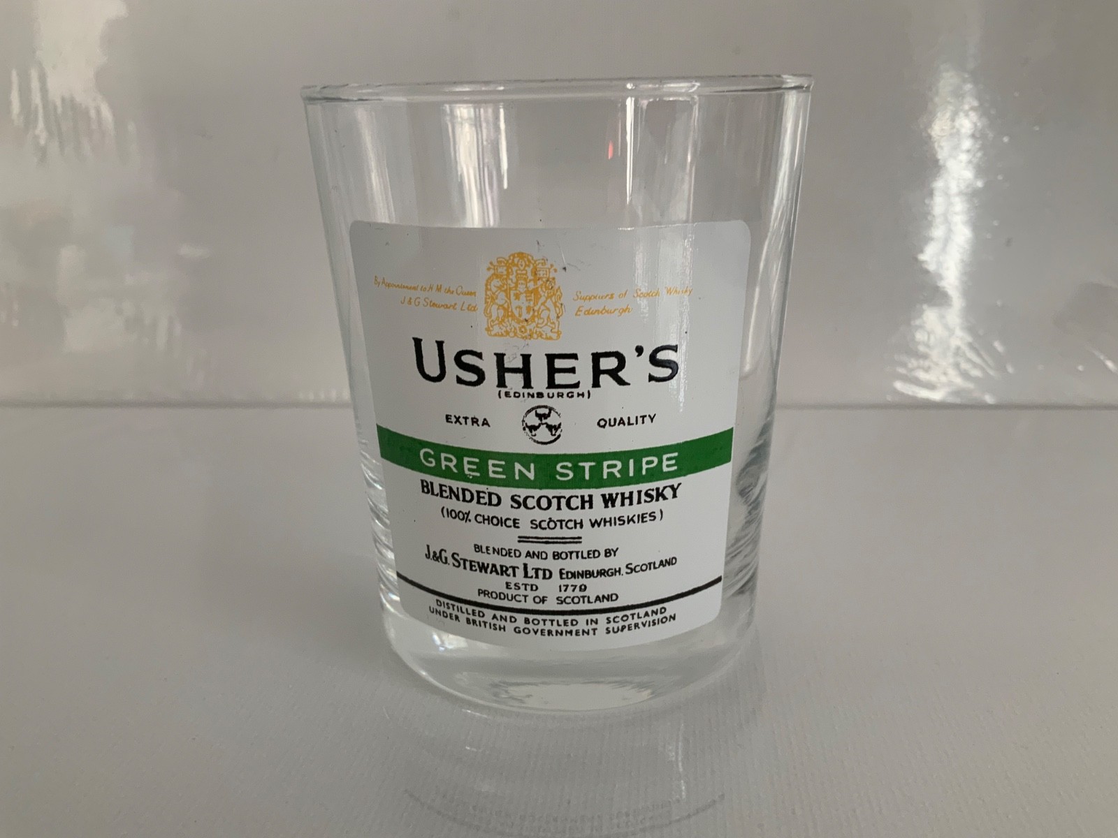Usher\'s Green Stripe Scotch Whisky Glass Collectible Barware 3.5” tall 3” across Usher\'s Green Stripe Scotch Whisky Glass Collectible Barware 3.5” tall 3” across