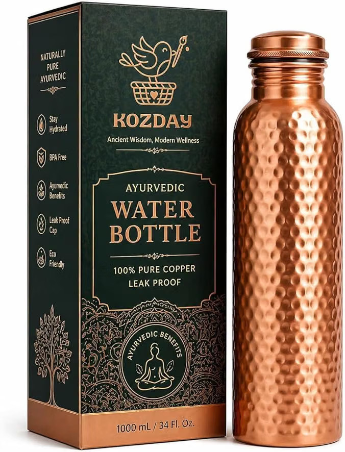 34oz Pure Copper Water Bottle - Handmade Hammered Finish - Ayurvedic Health USA