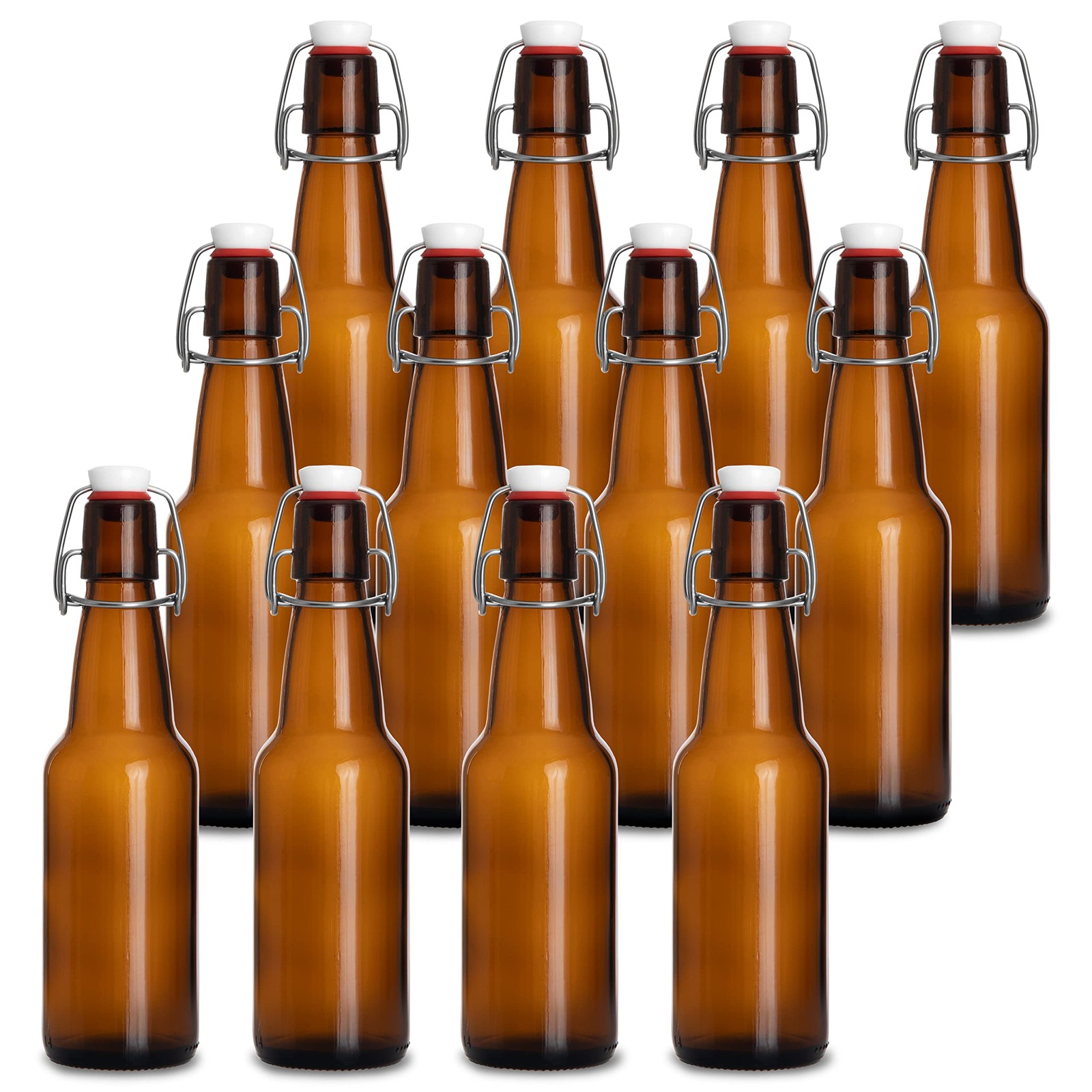 12oz Flip Top Clear Glass Beer Bottles for Home Brewing - Set of 12 with Caps