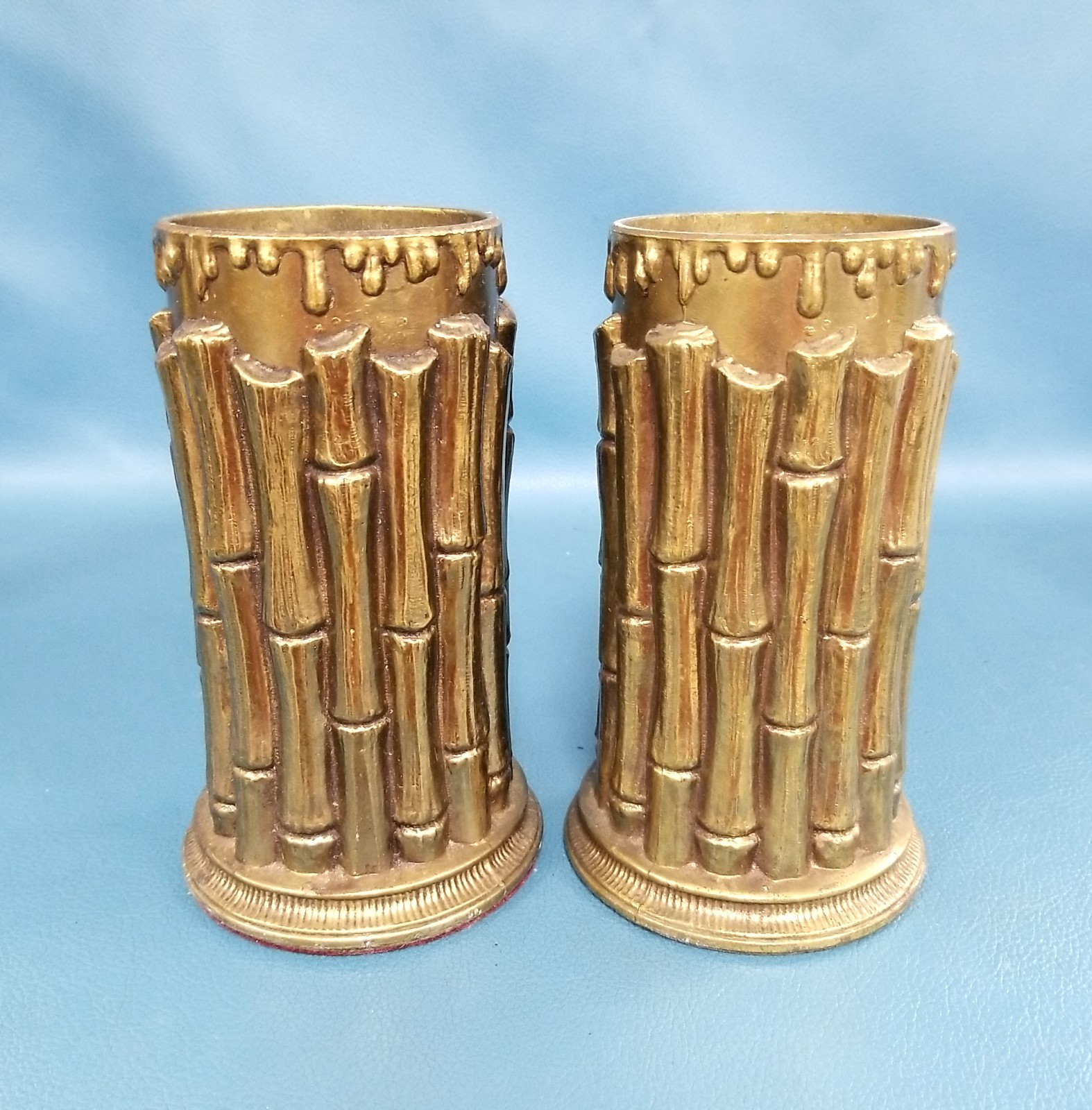 VTG MCM Bronze/Brass Tone Faux Bamboo Vases Asiana Decor *One Missing Base*