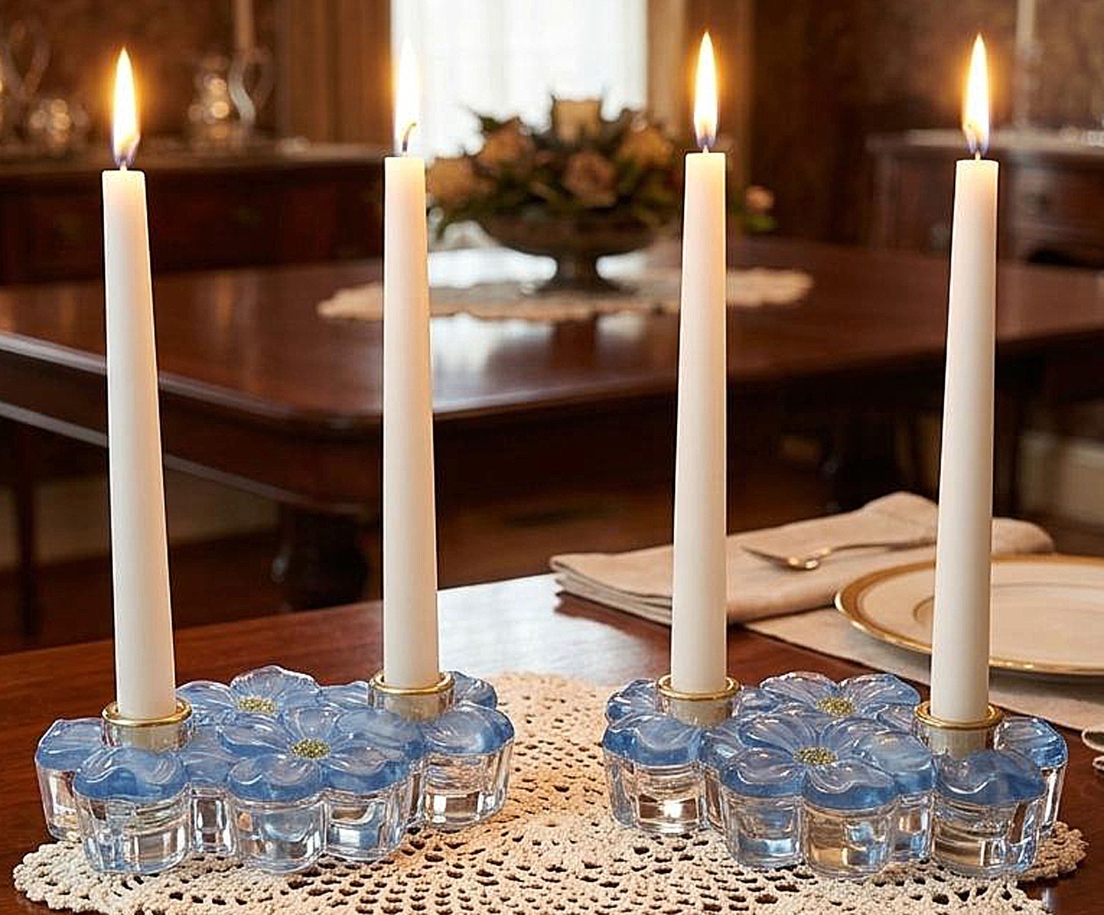 Vtg Pair Colony Glass Candleholders Blue Dogwood Flower Double Taper 7.25" 1948 Vtg Pair Colony Glass Candleholders Blue Dogwood Flower Double Taper 7.25" 1948