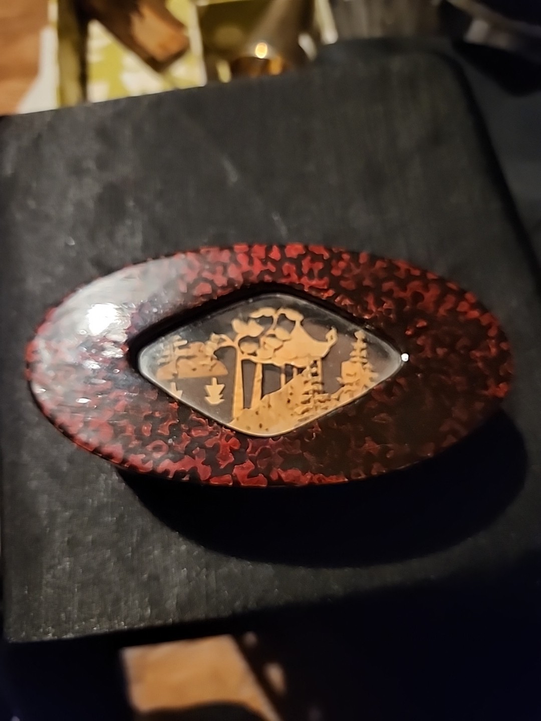 Asian Cork Art Trinket Box Tortise Shell Trees Mountains Pagoda
