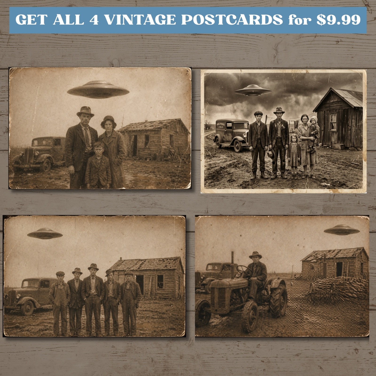 4-Pack POSTCARD Alien UFO Flying Saucer Rural Family Paranormal Strange Humor 4-Pack POSTCARD Alien UFO Flying Saucer Rural Family Paranormal Strange Humor