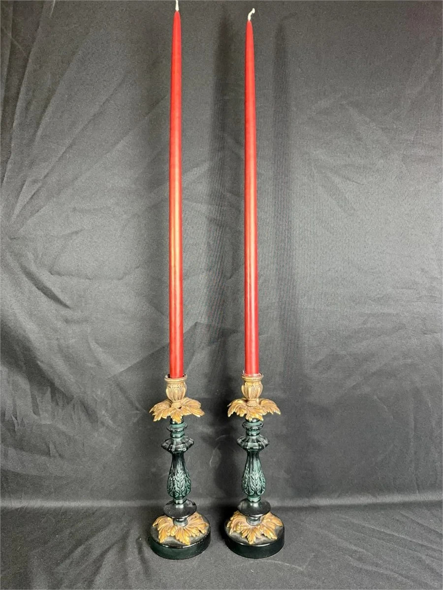 Vintage Neoclassical Verdigris & Gold Acanthus Candlesticks - Pair (11.5") Vintage Neoclassical Verdigris & Gold Acanthus Candlesticks - Pair (11.5")