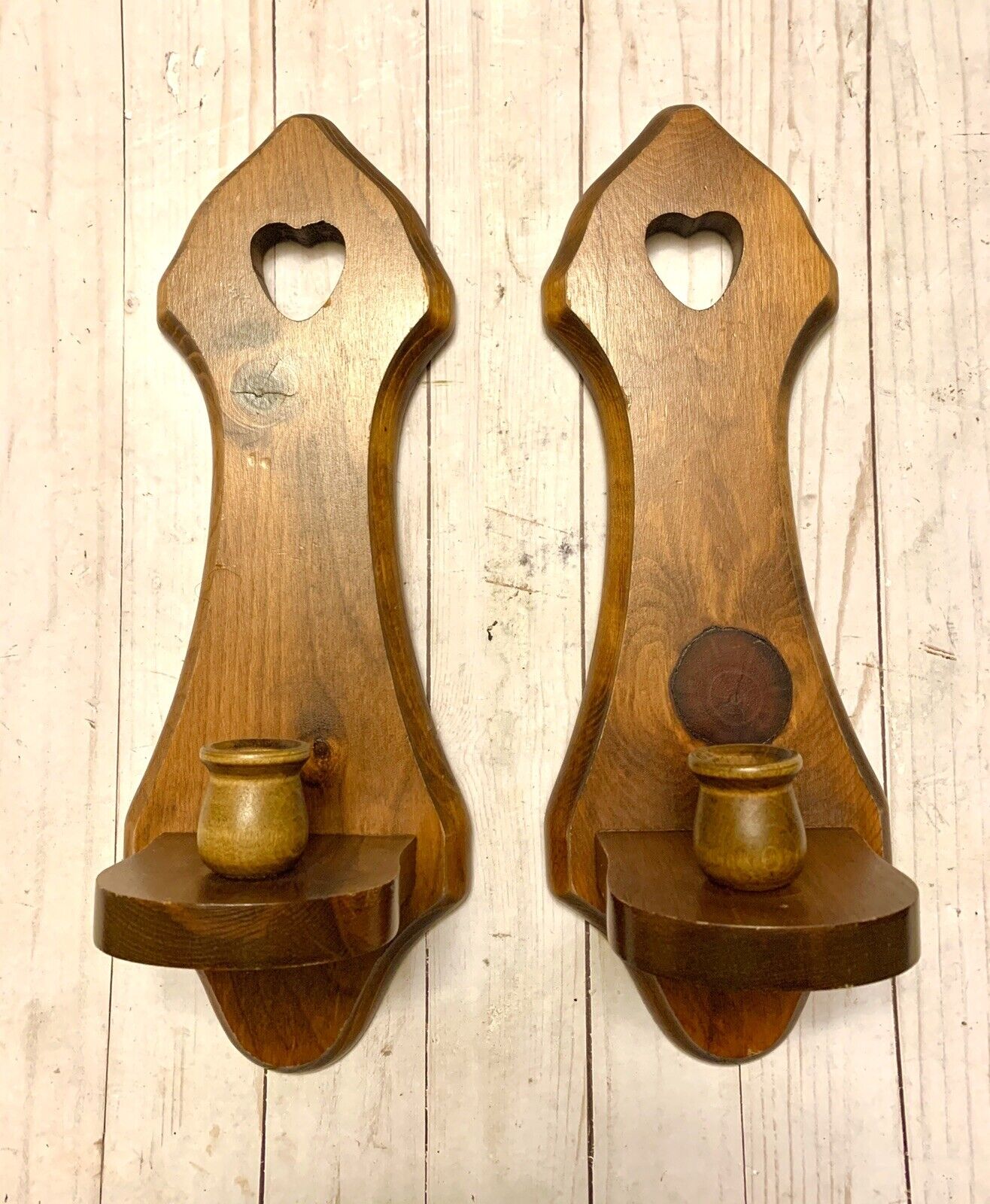 Set Of Beautiful Vintage Wood Wooden Heart Candle Sconces