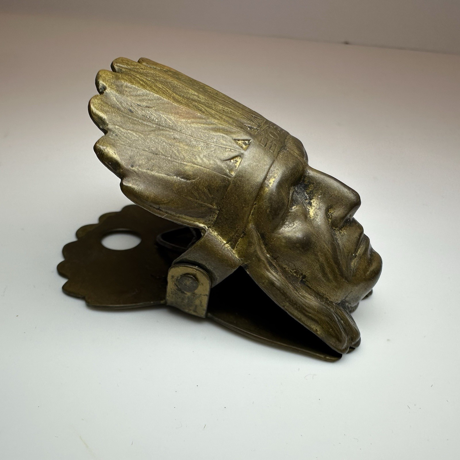 Antique Germany Bronze Native American Chief Figural Paper Clip Letter Clamp 2” Antique Germany Bronze Native American Chief Figural Paper Clip Letter Clamp 2”