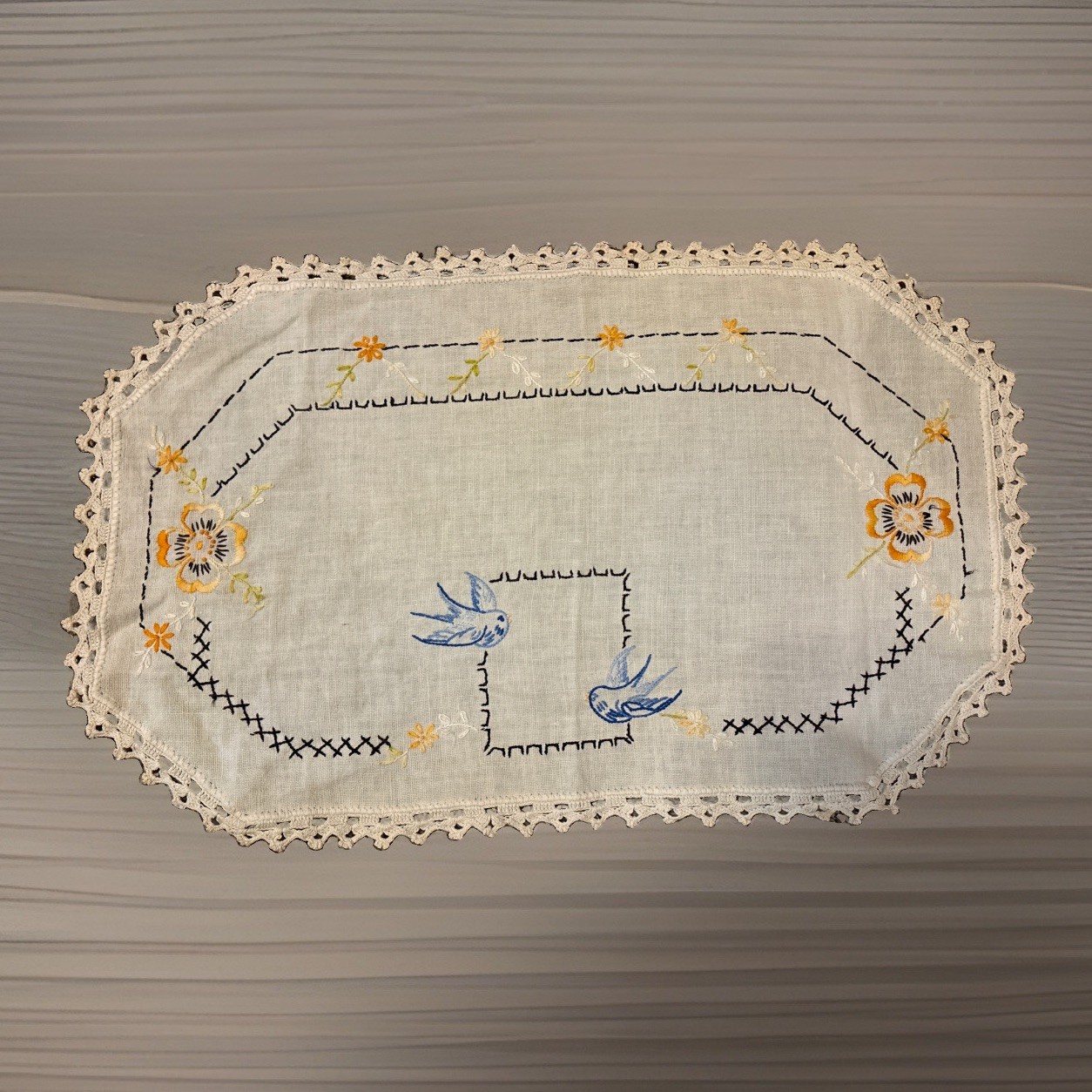 Vintage Embroidered Dresser Scarf Doily 12”x19.5” Bluebirds Flowers Off-White  Vintage Embroidered Dresser Scarf Doily 12”x19.5” Bluebirds Flowers Off-White 