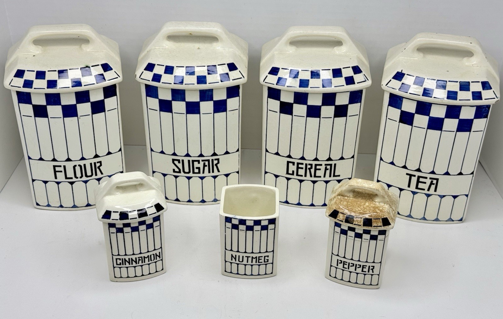 Vintage German Ceramic Canister Set Art Deco Blue White Checkered Rhein Dec 410 Vintage German Ceramic Canister Set Art Deco Blue White Checkered Rhein Dec 410
