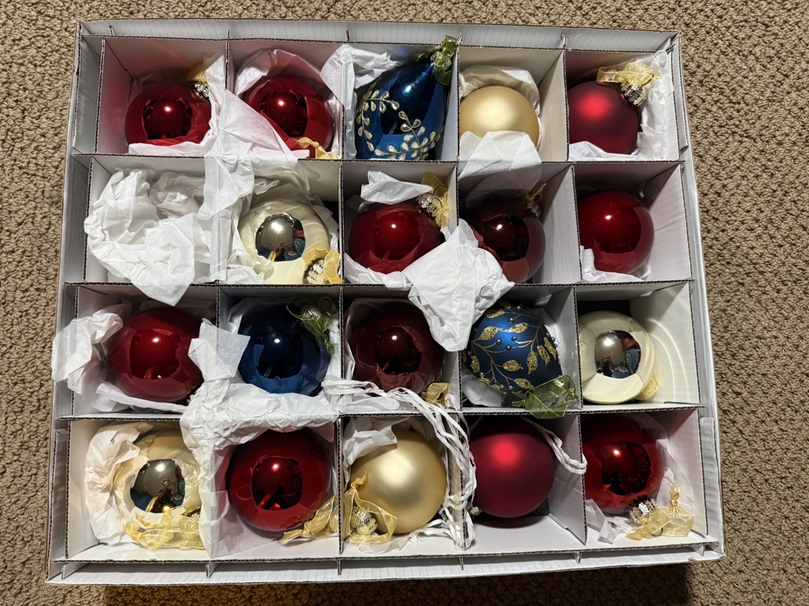 19 Piece Luxury Frontgate Holiday Collection Glass Ornaments- Red, Gold, Blue