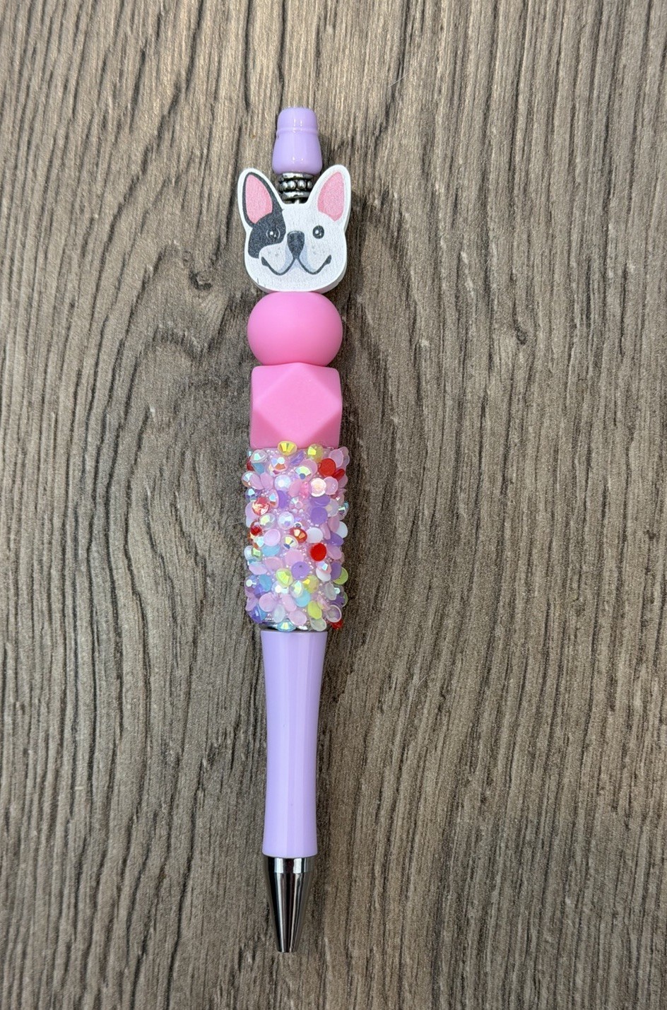 Handmade French Bulldog Beaded Pen Pink Purple Glitter Silicone Beads Handmade French Bulldog Beaded Pen Pink Purple Glitter Silicone Beads