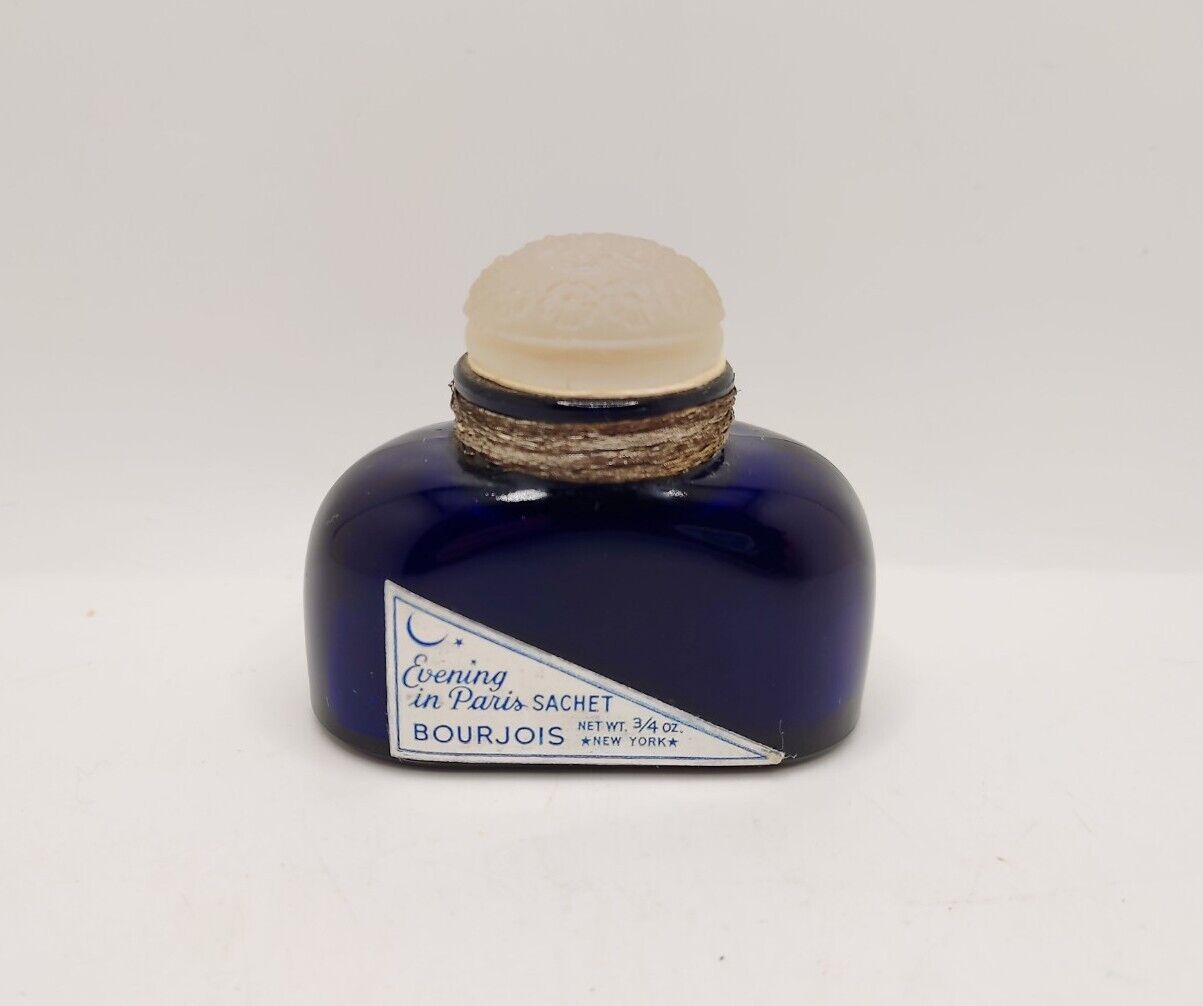Vtg Bourjois Evening In Paris Sachet Cobalt Blue Bottle Ornate Screw Cap RARE